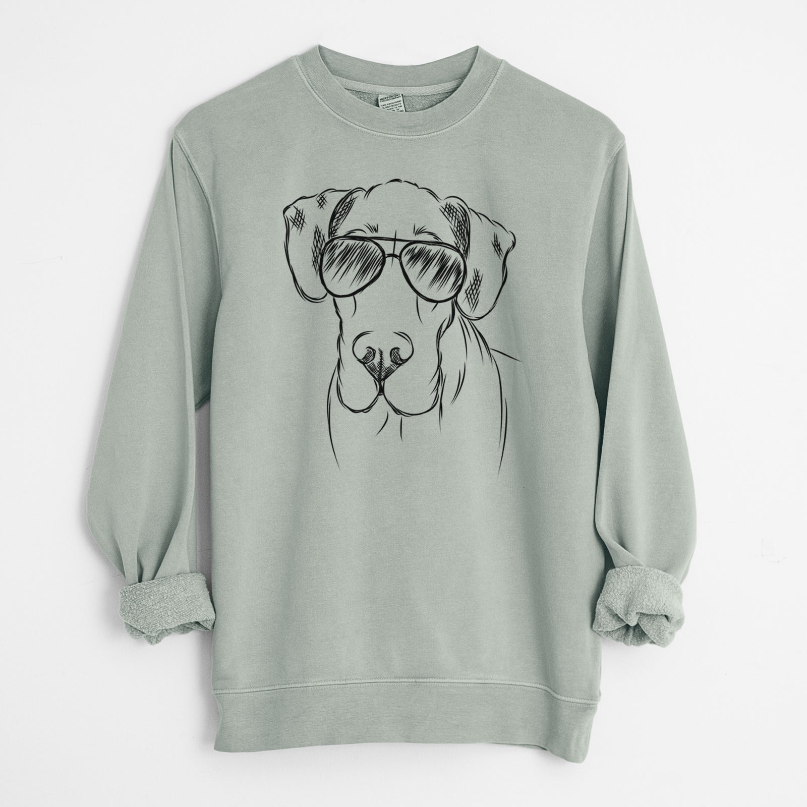 Hand-drawn sketch of Titus the Great Dane wearing aviator sunglasses on a Sage Unisex pigment dyed crew sweatshirt