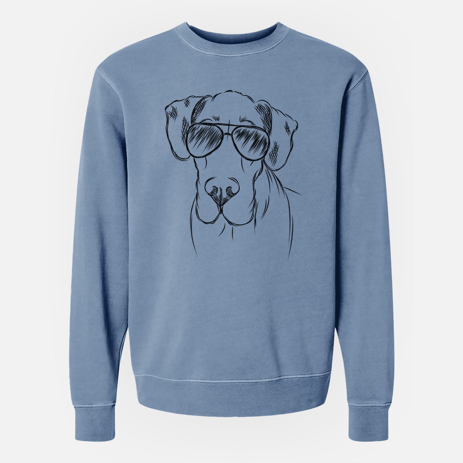 Hand-drawn sketch of Titus the Great Dane wearing aviator sunglasses on a Slate Blue Unisex pigment dyed crew sweatshirt