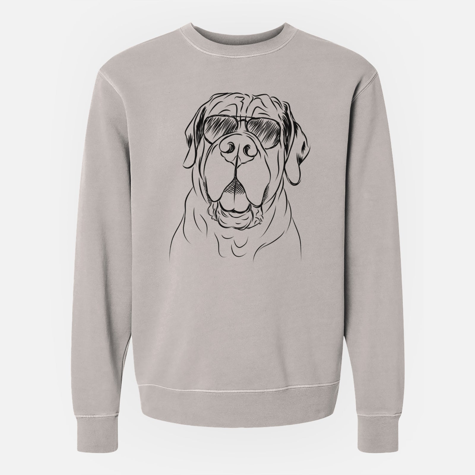 Hand-drawn sketch of Tufton the English Mastiff wearing aviator sunglasses on a Cement Unisex pigment dyed crew sweatshirt