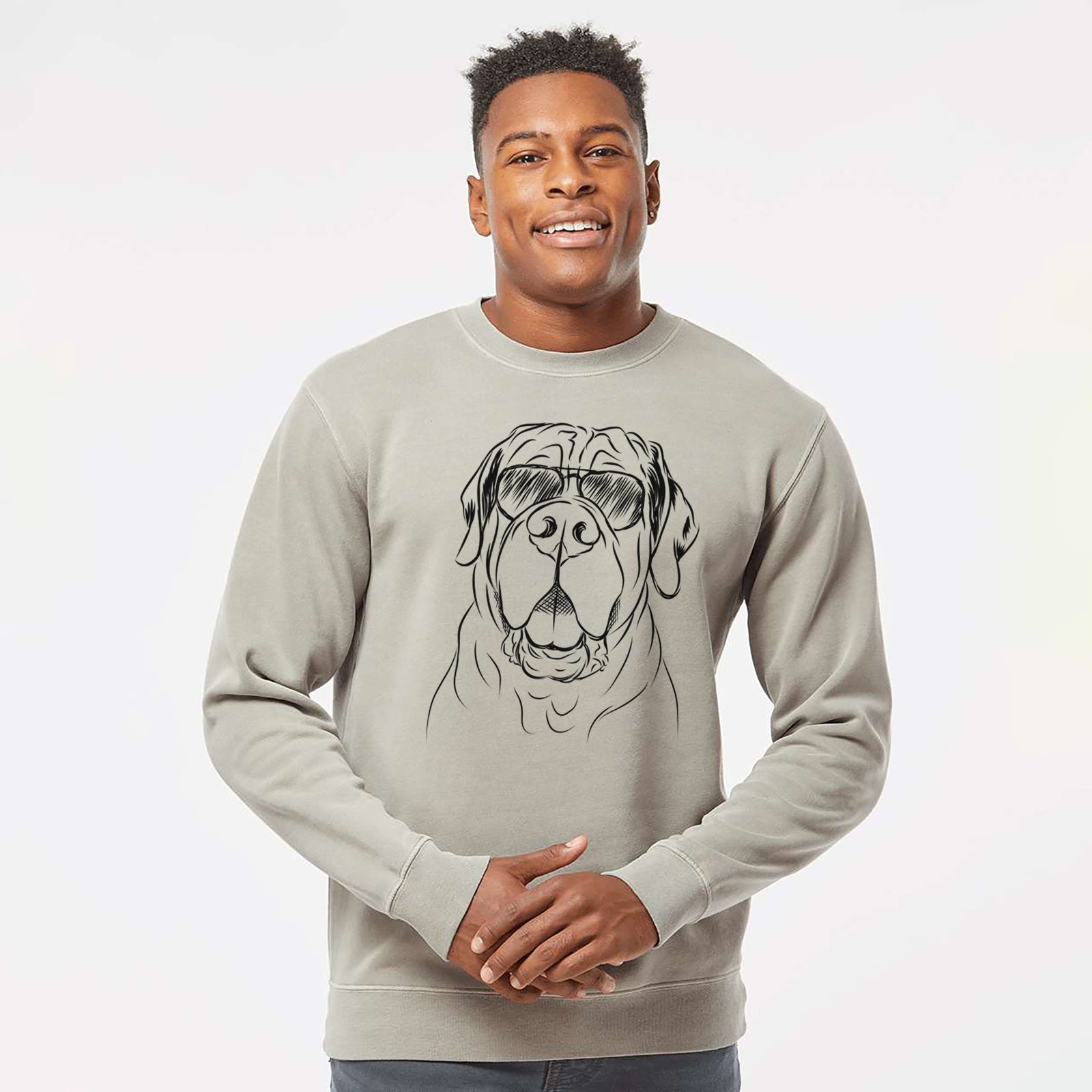 Hand-drawn sketch of Tufton the English Mastiff wearing aviator sunglasses on a Cement Unisex pigment dyed crew sweatshirt