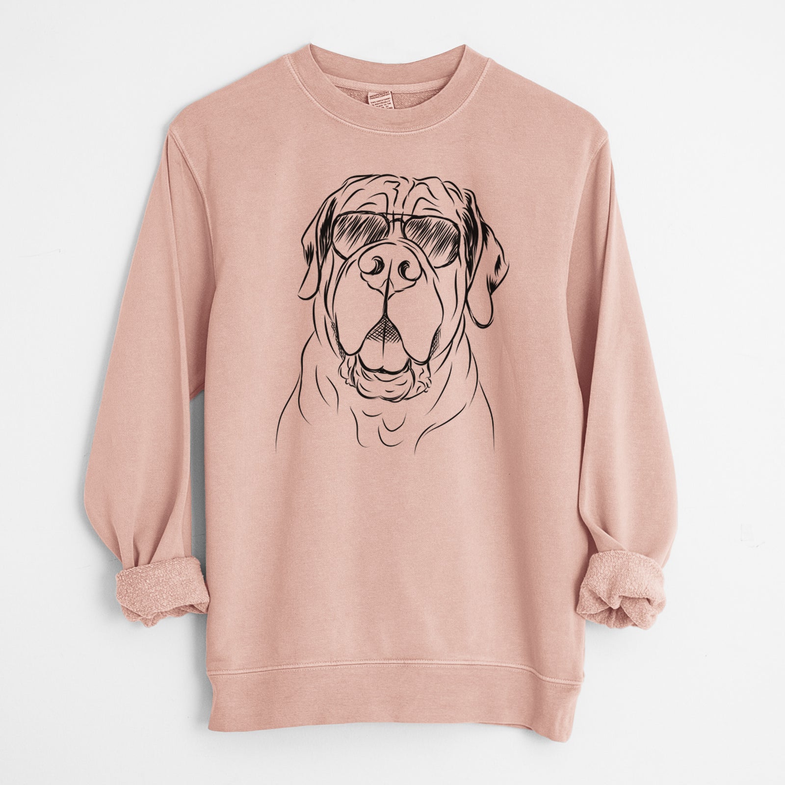 Hand-drawn sketch of Tufton the English Mastiff wearing aviator sunglasses on a Dusty Pink Unisex pigment dyed crew sweatshirt