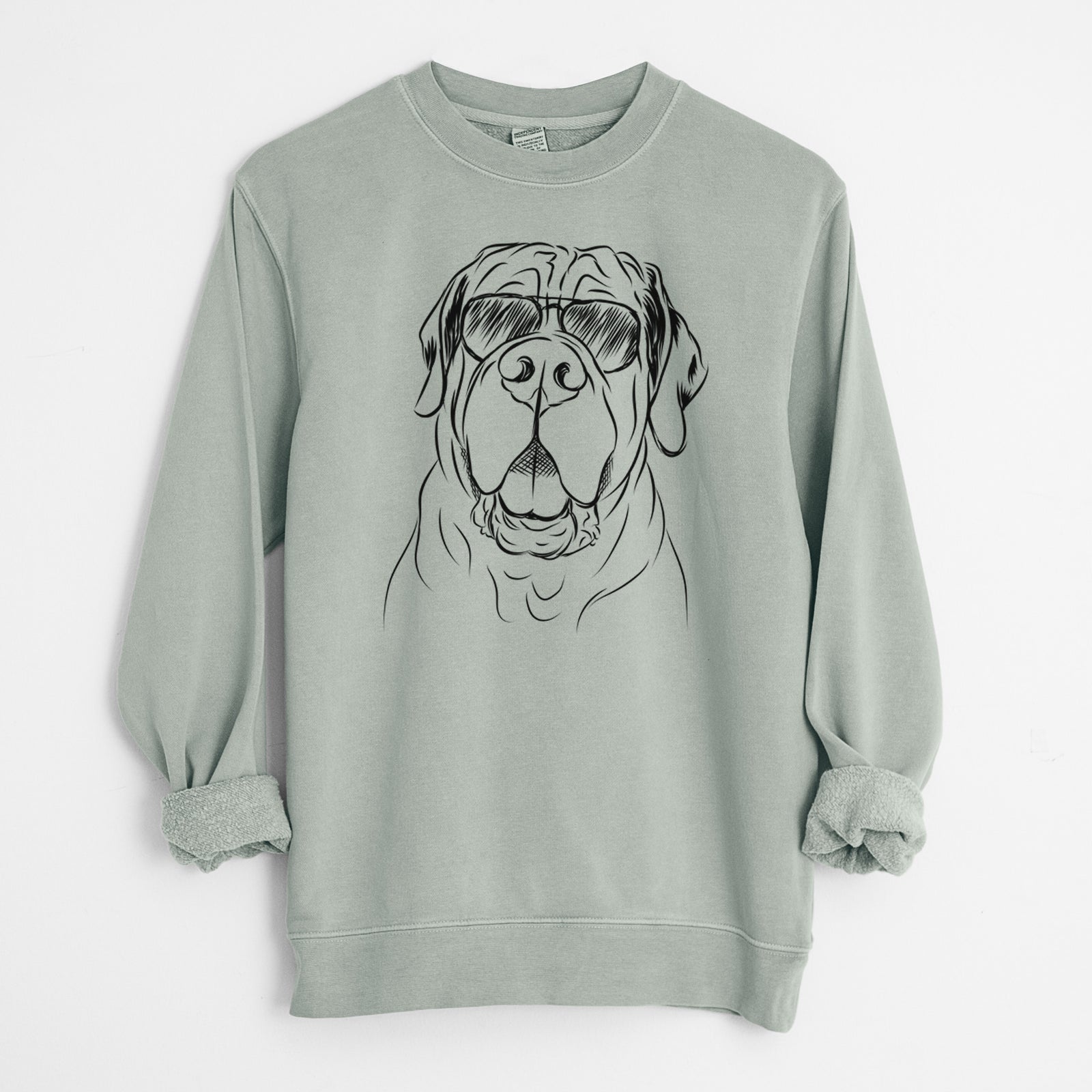 Hand-drawn sketch of Tufton the English Mastiff wearing aviator sunglasses on a Sage Unisex pigment dyed crew sweatshirt