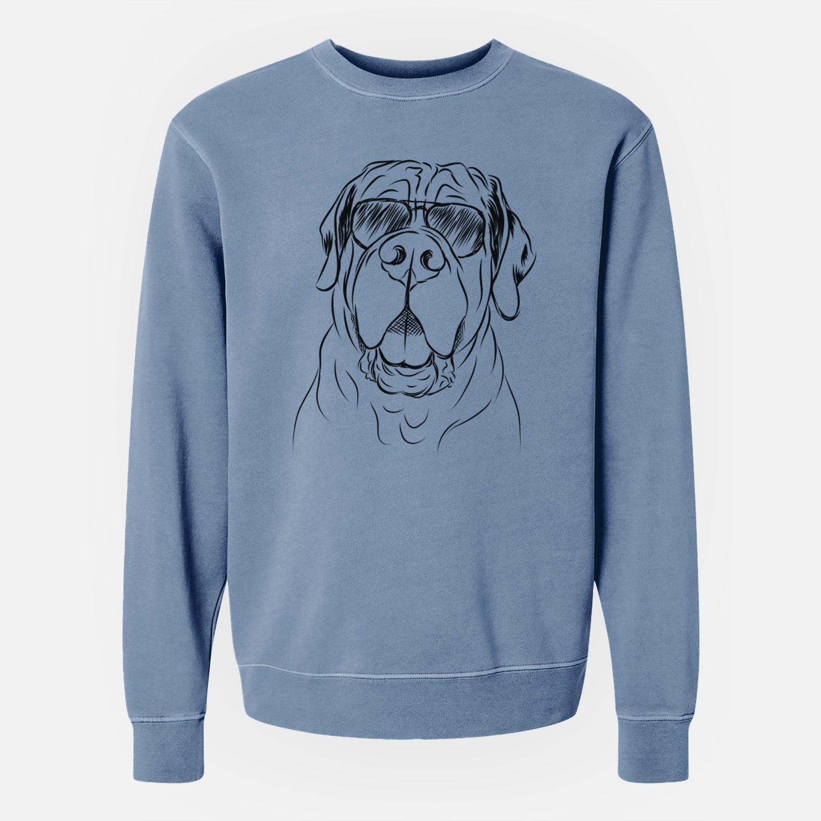 Hand-drawn sketch of Tufton the English Mastiff wearing aviator sunglasses on a Slate Blue Unisex pigment dyed crew sweatshirt