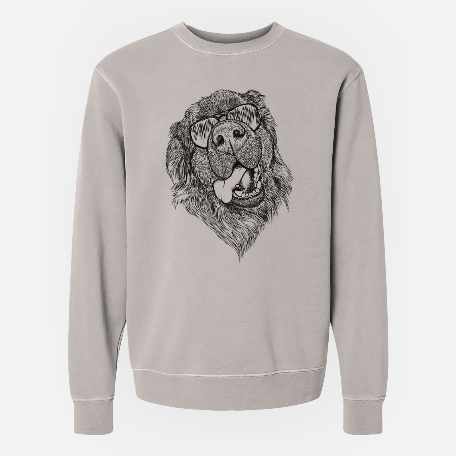 Hand-drawn sketch of Tuna the Newfoundland wearing aviator sunglasses on a Cement Unisex pigment dyed crew sweatshirt