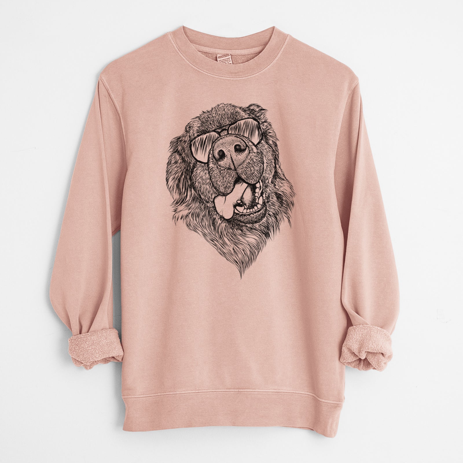 Hand-drawn sketch of Tuna the Newfoundland wearing aviator sunglasses on a Dusty Pink Unisex pigment dyed crew sweatshirt