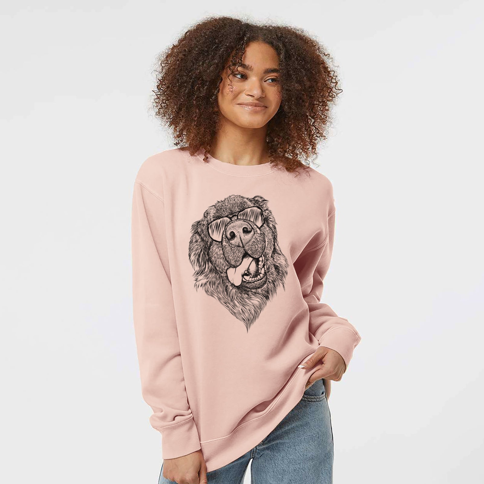 Hand-drawn sketch of Tuna the Newfoundland wearing aviator sunglasses on a Dusty Pink Unisex pigment dyed crew sweatshirt