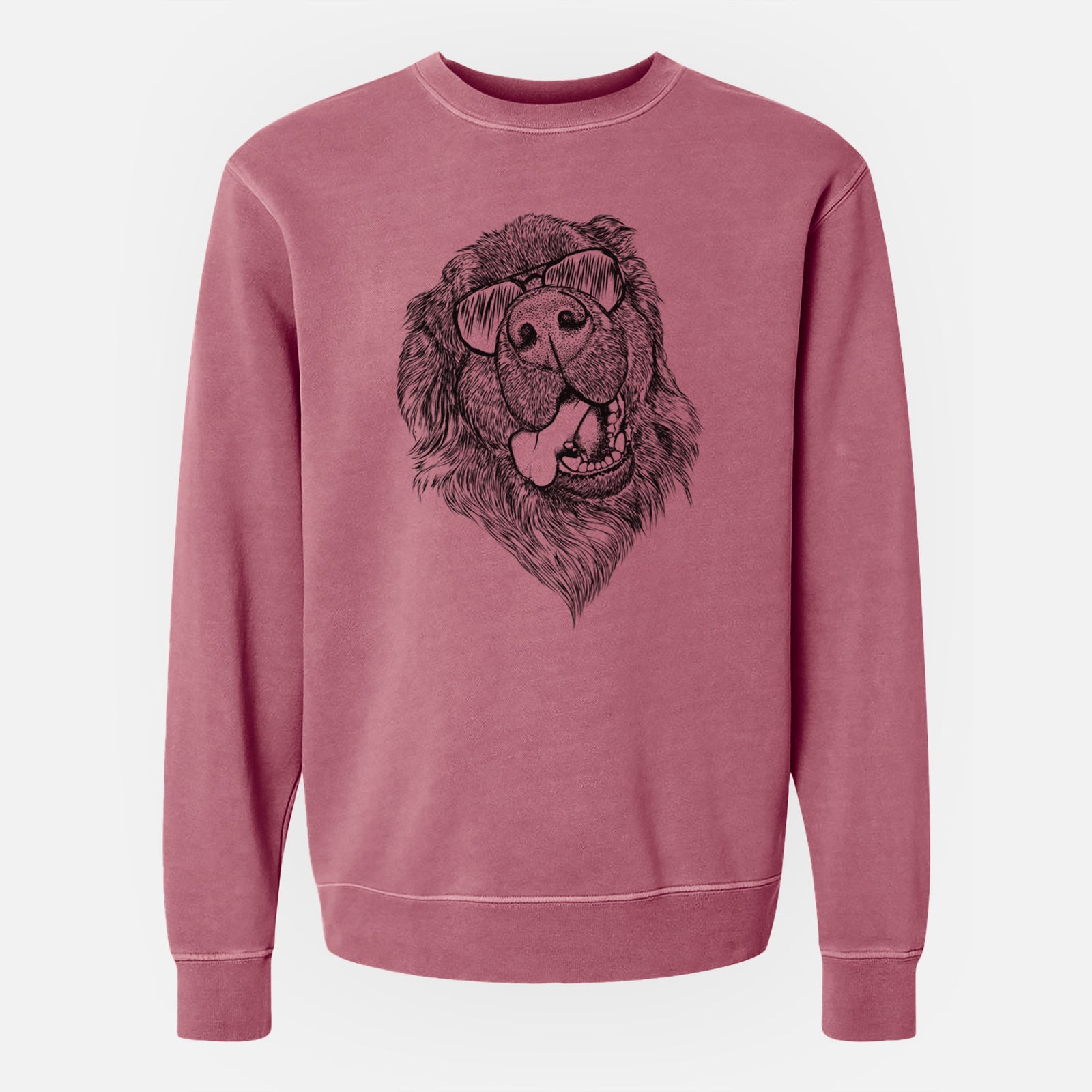 Hand-drawn sketch of Tuna the Newfoundland wearing aviator sunglasses on a Maroon Unisex pigment dyed crew sweatshirt
