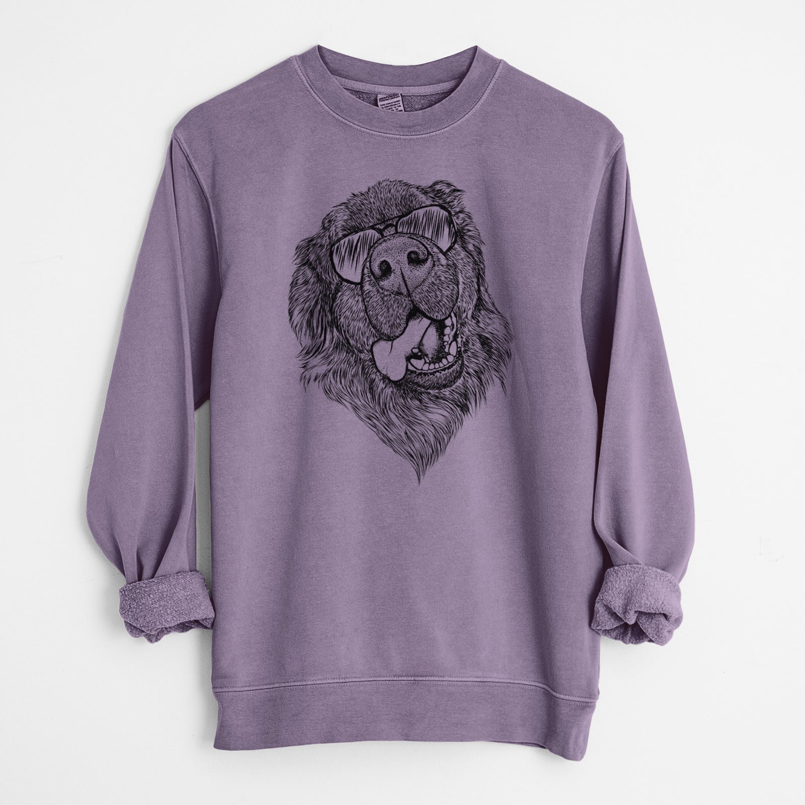 Hand-drawn sketch of Tuna the Newfoundland wearing aviator sunglasses on a Plum Unisex pigment dyed crew sweatshirt