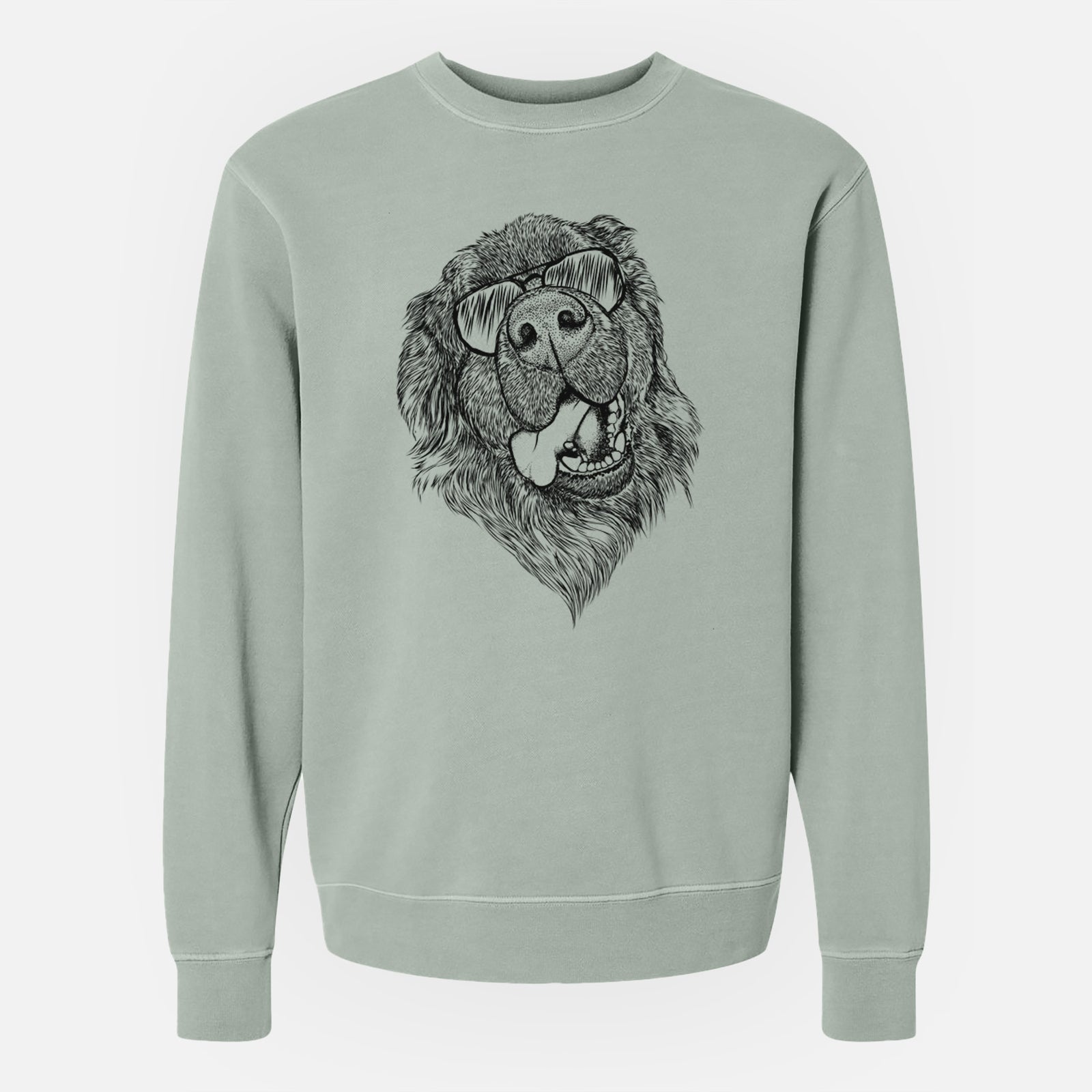 Hand-drawn sketch of Tuna the Newfoundland wearing aviator sunglasses on a Sage Unisex pigment dyed crew sweatshirt