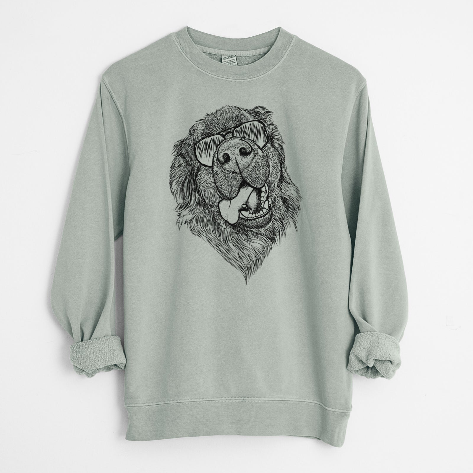 Hand-drawn sketch of Tuna the Newfoundland wearing aviator sunglasses on a Sage Unisex pigment dyed crew sweatshirt