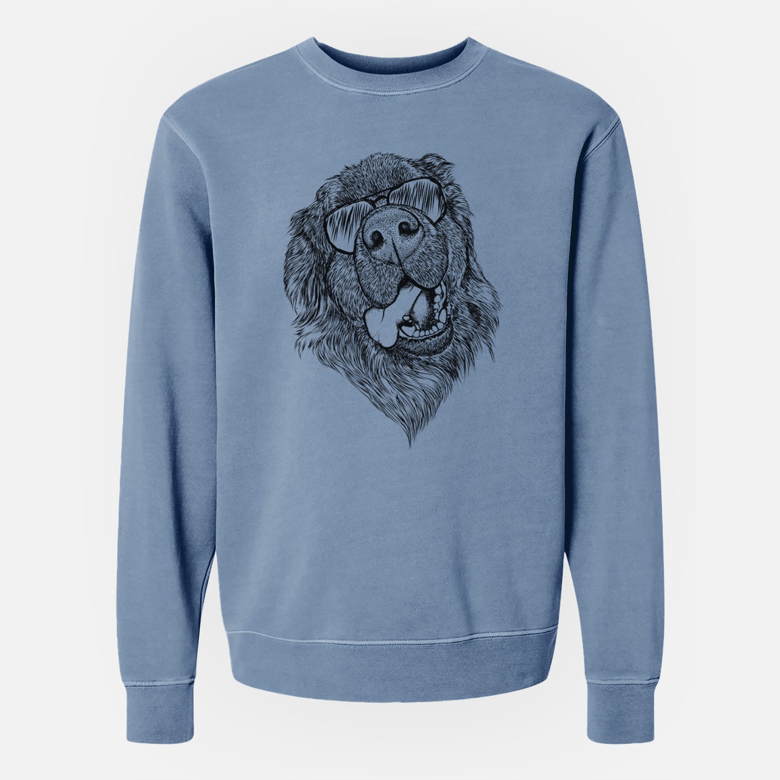 Hand-drawn sketch of Tuna the Newfoundland wearing aviator sunglasses on a Slate Blue Unisex pigment dyed crew sweatshirt