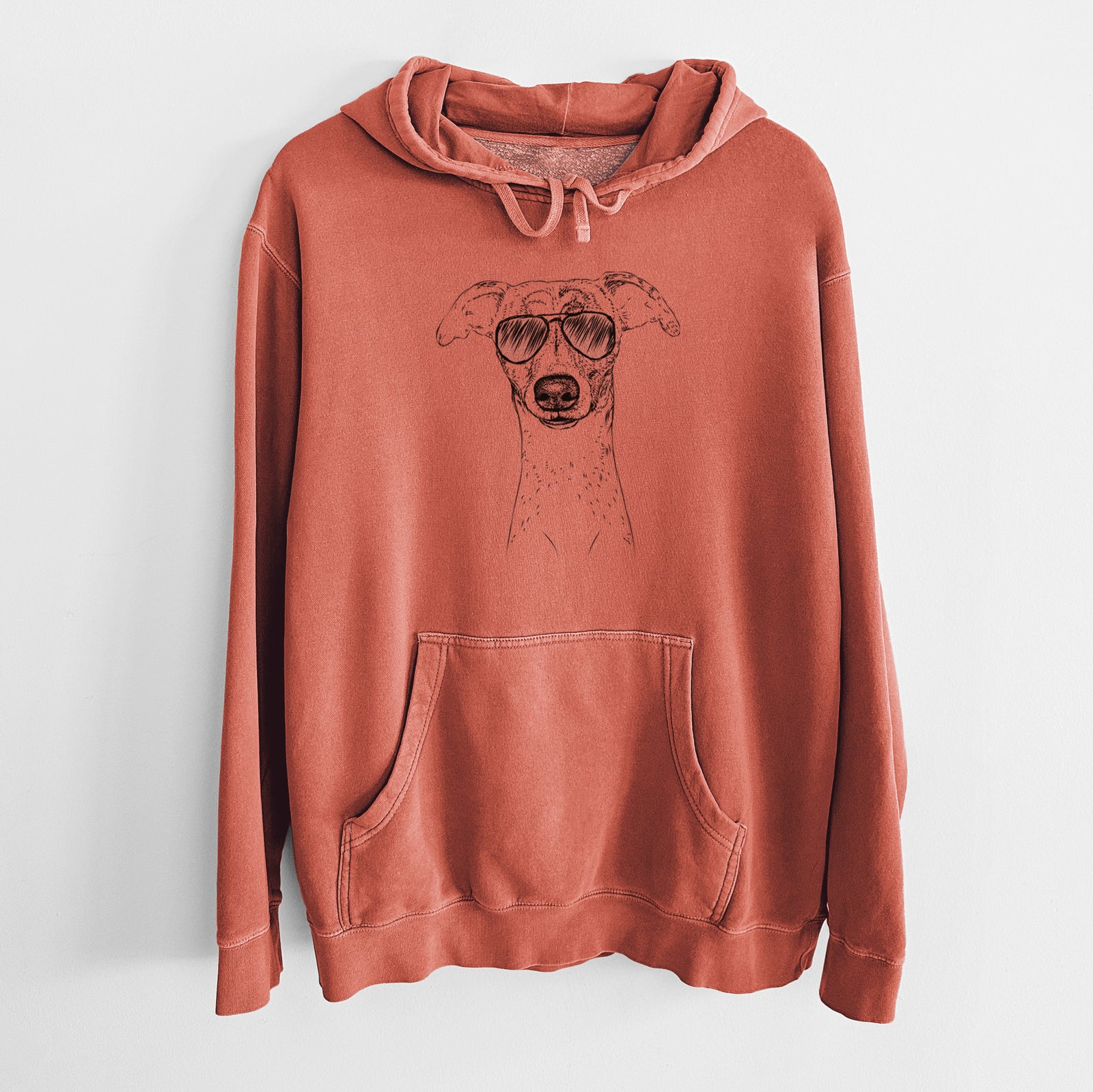 Hand-drawn sketch of Twiggy the Whippet wearing aviator sunglasses on an Amber Unisex pigment dyed hoodie