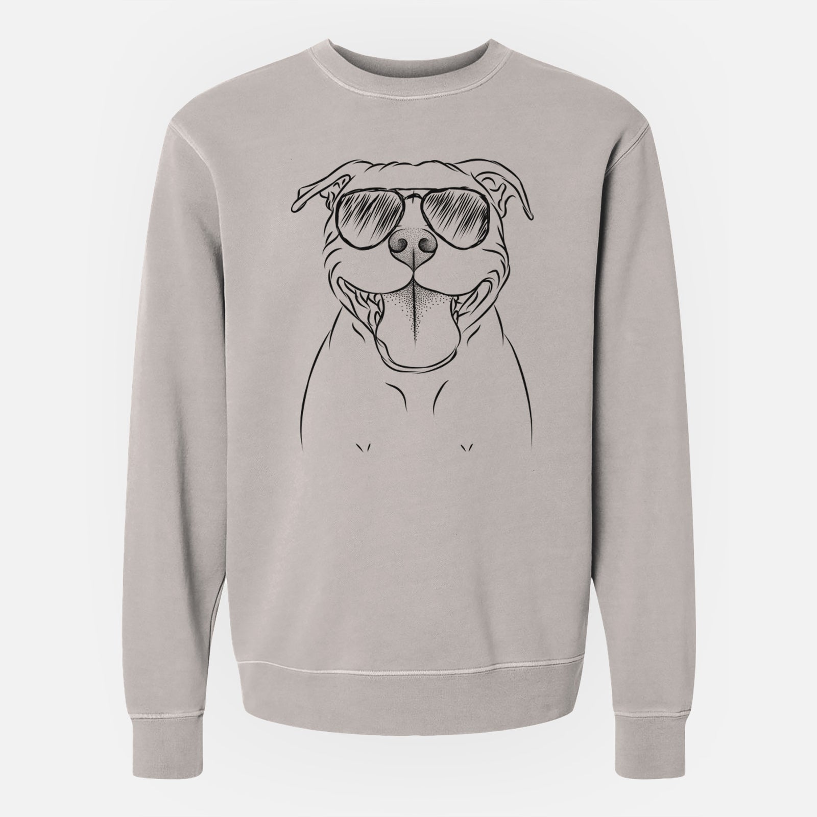 Hand-drawn sketch of Wafer the Staffordshire Bull Terrier wearing aviator sunglasses on a Cement Unisex pigment dyed crew sweatshirt