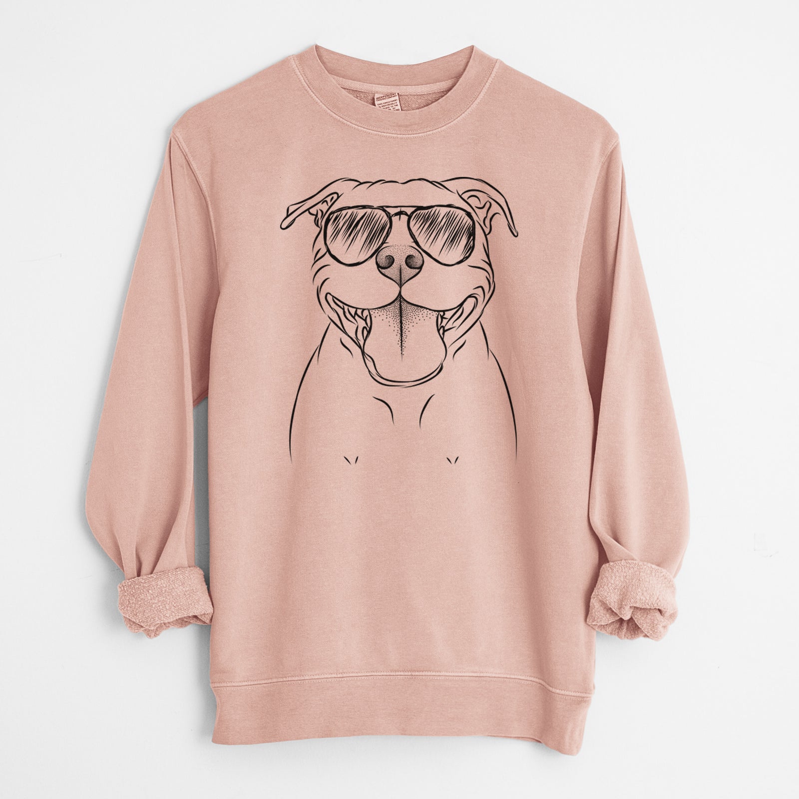Hand-drawn sketch of Wafer the Staffordshire Bull Terrier wearing aviator sunglasses on a Dusty Pink Unisex pigment dyed crew sweatshirt