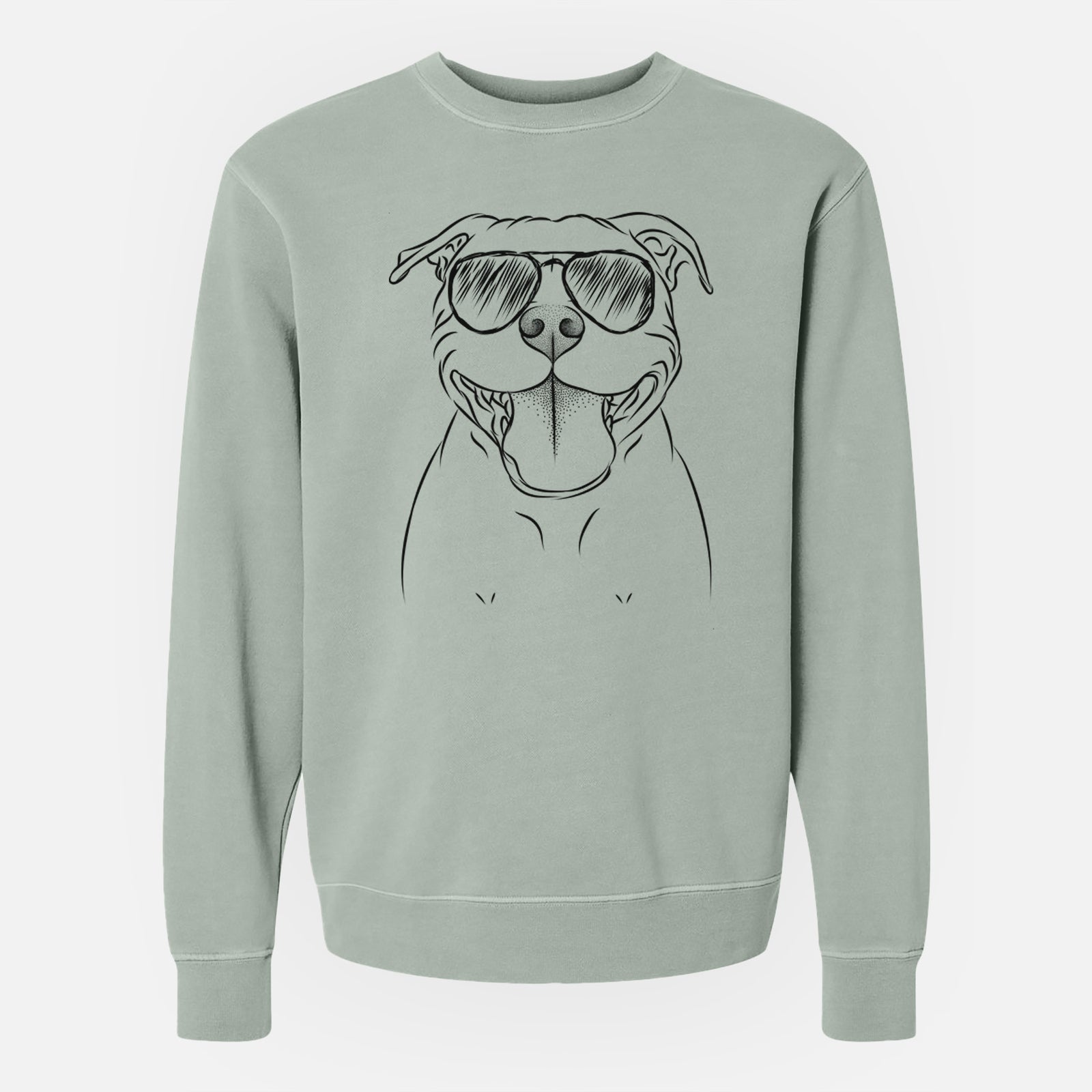 Hand-drawn sketch of Wafer the Staffordshire Bull Terrier wearing aviator sunglasses on a Sage Unisex pigment dyed crew sweatshirt