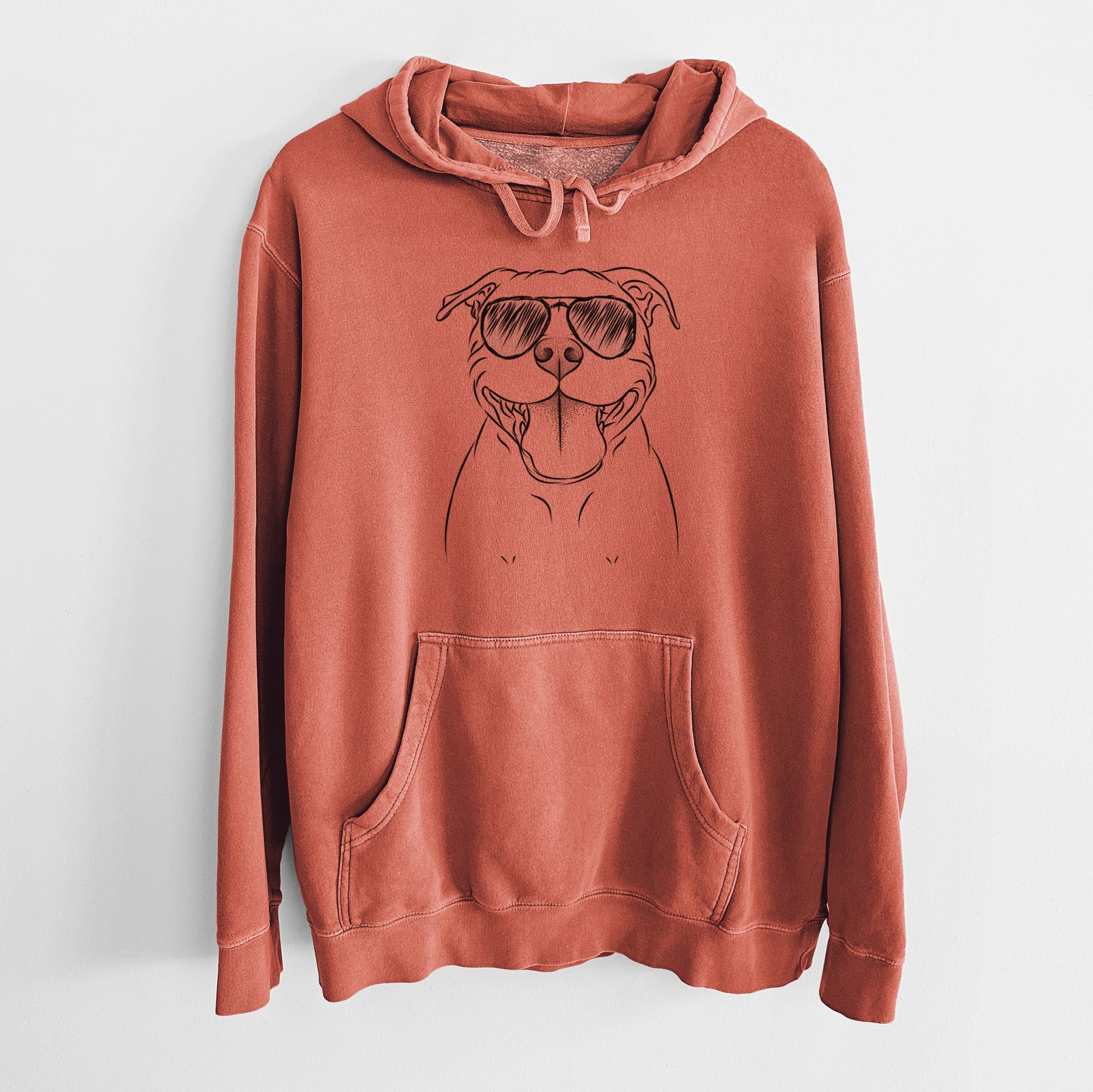 Hand-drawn sketch of Wafer the Staffordshire Bull Terrier wearing aviator sunglasses on an Amber Unisex pigment dyed hoodie