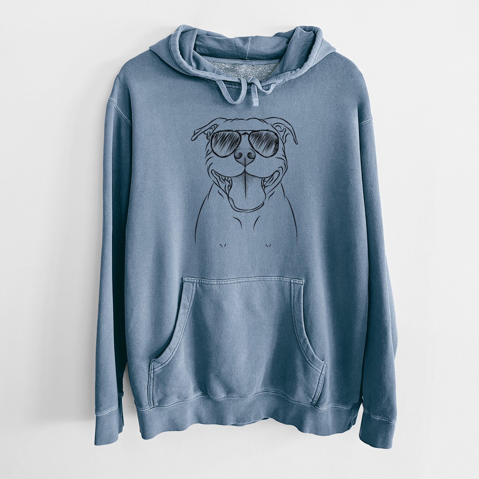 Hand-drawn sketch of Wafer the Staffordshire Bull Terrier wearing aviator sunglasses on a Slate Blue Unisex pigment dyed hoodie