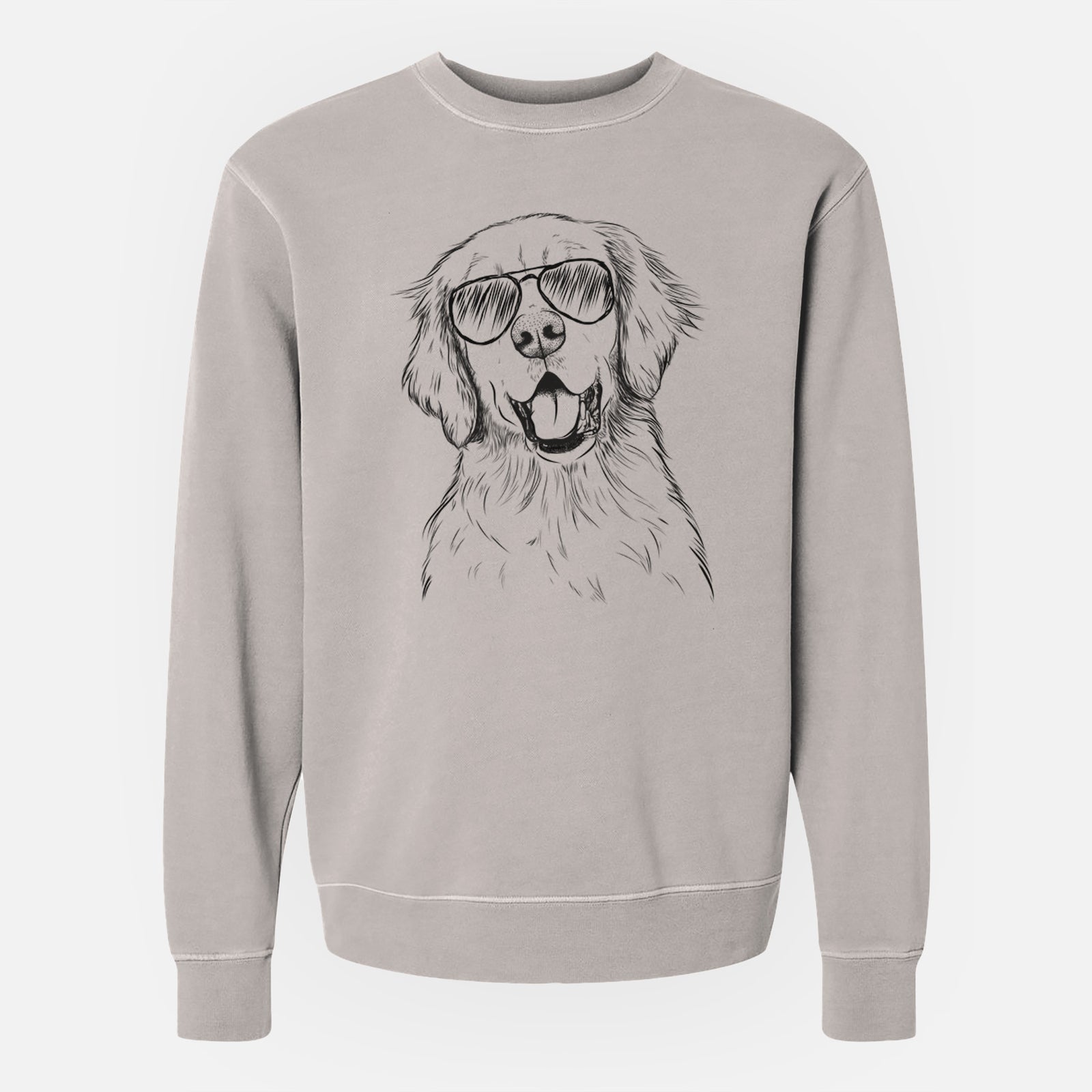 Hand-drawn sketch of Wallace the Golden Retriever wearing aviator sunglasses on a Cement Unisex pigment dyed crew sweatshirt
