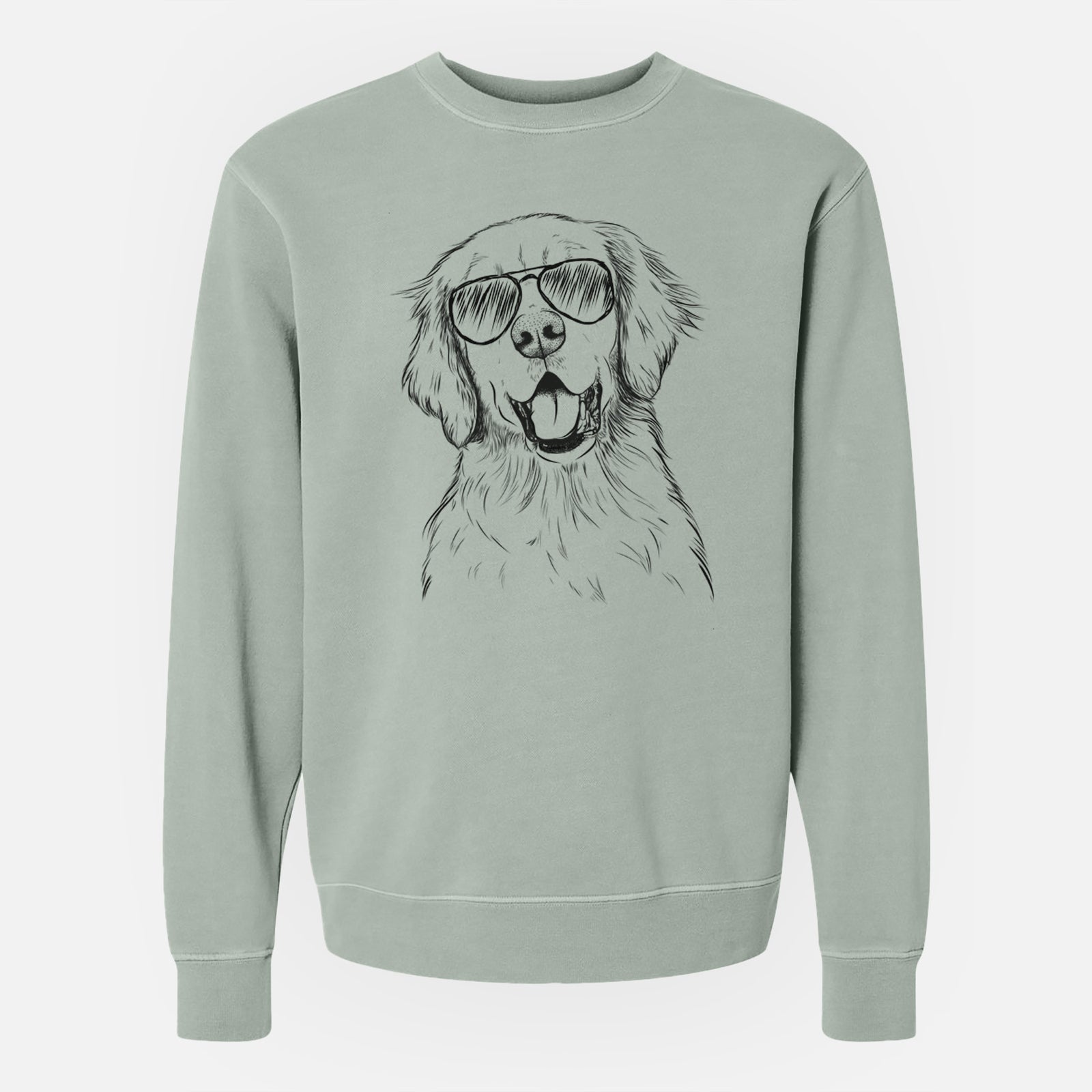 Hand-drawn sketch of Wallace the Golden Retriever wearing aviator sunglasses on a Sage Unisex pigment dyed crew sweatshirt