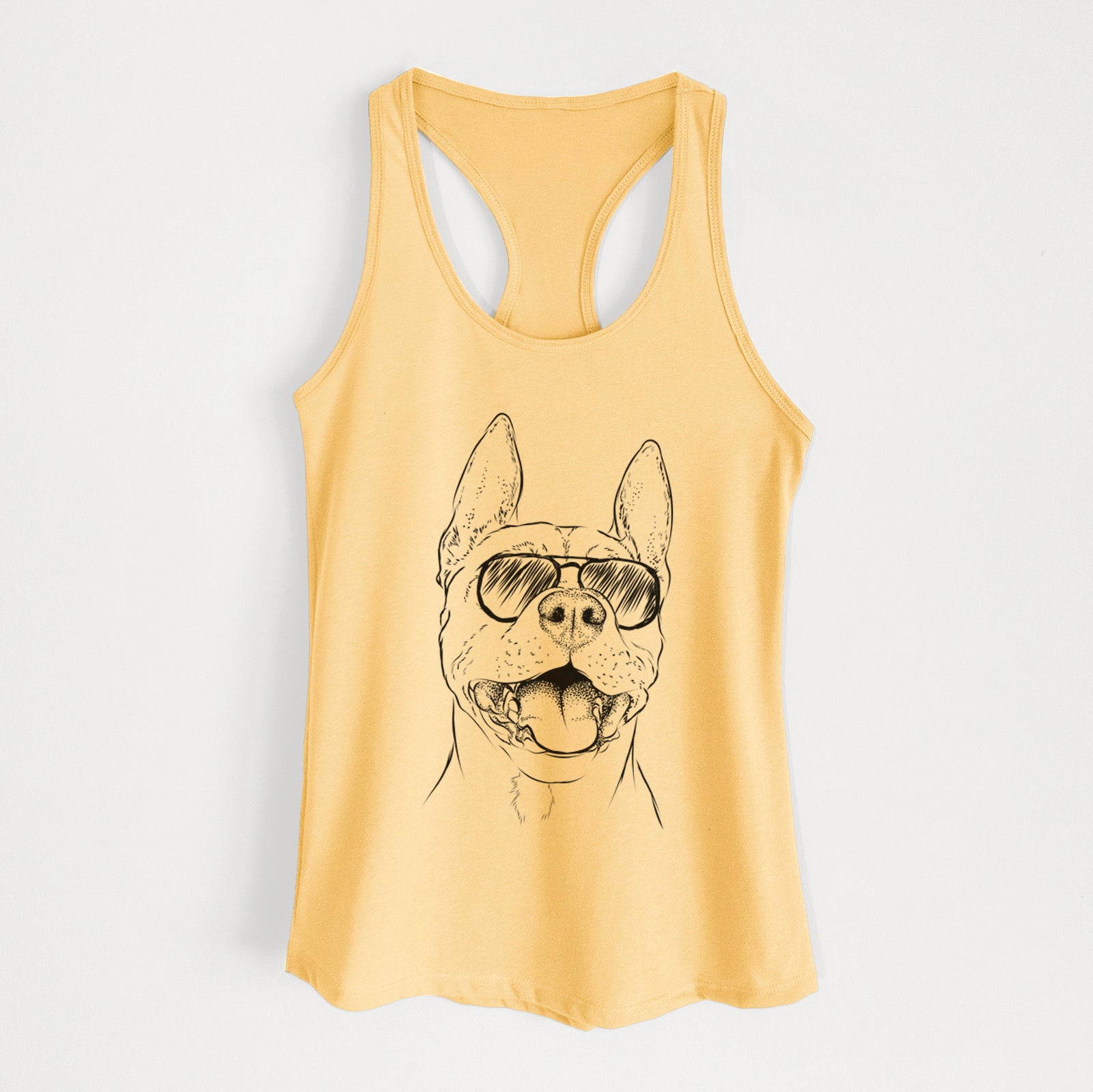 Hand-drawn sketch of Wally the Pitbull wearing aviator sunglasses on a Banana Cream Women's racerback tanktop
