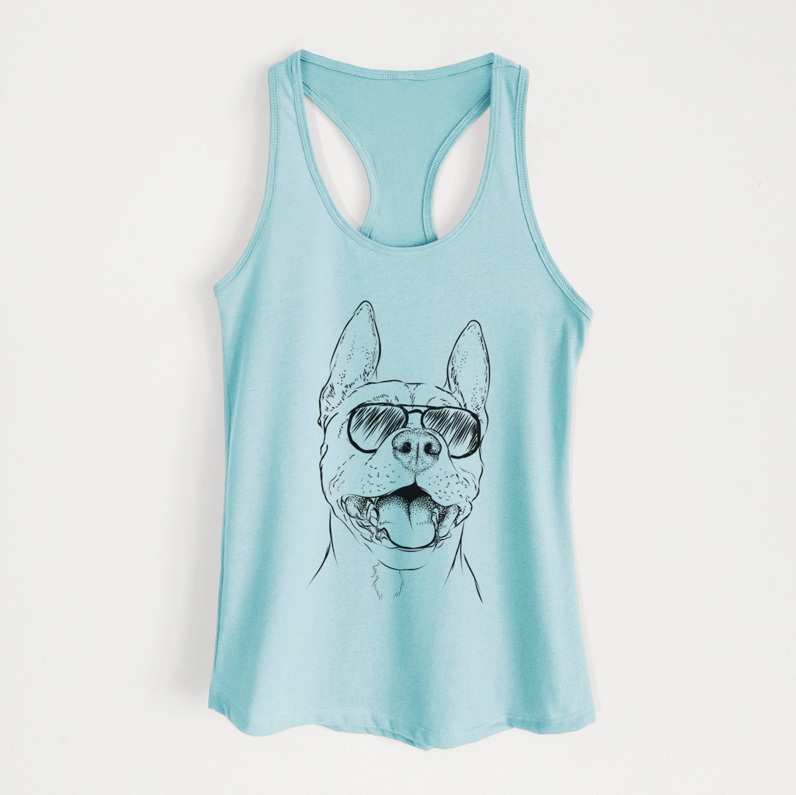 Hand-drawn sketch of Wally the Pitbull wearing aviator sunglasses on a Cancun Blue Women's racerback tanktop