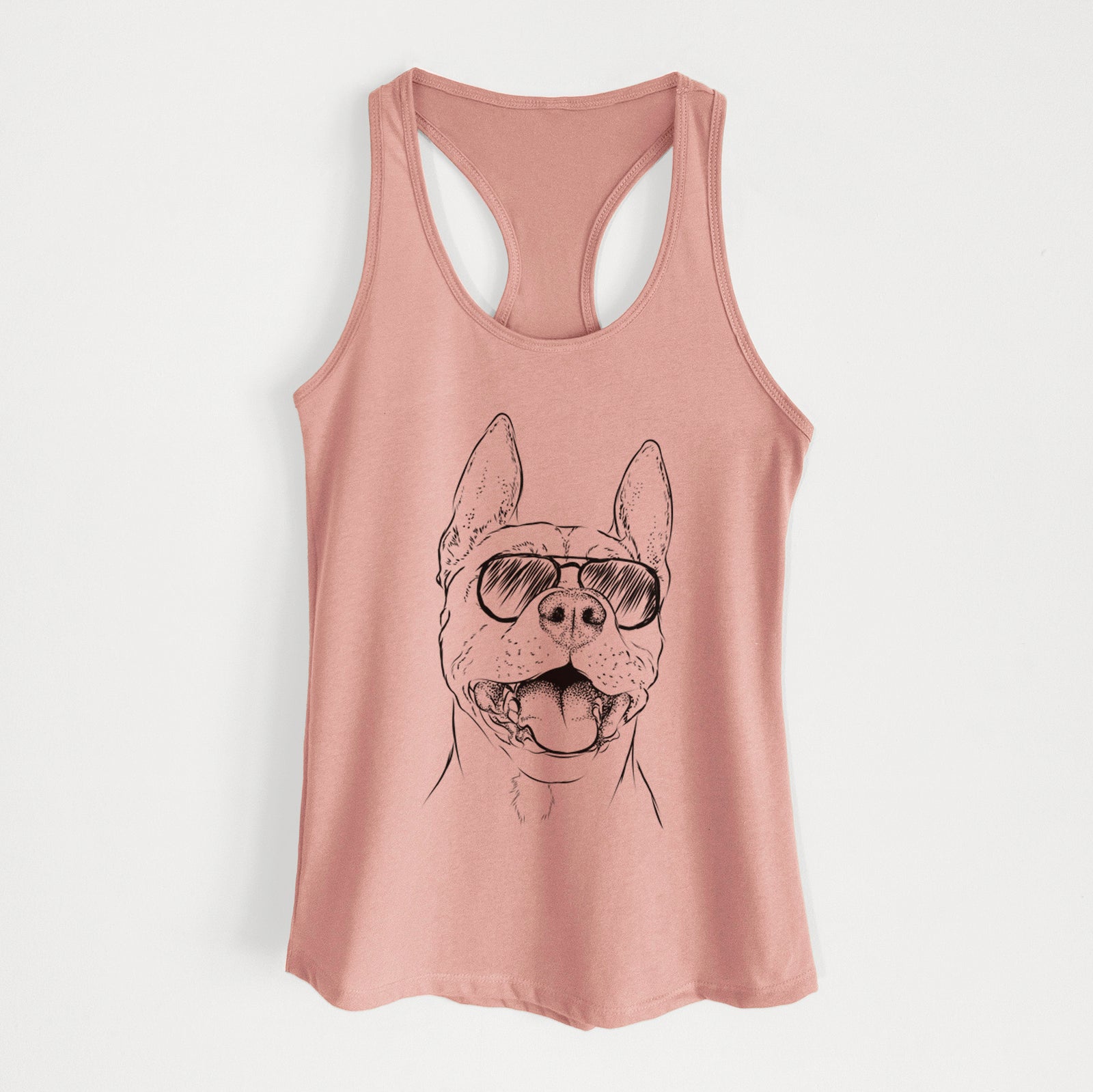 Hand-drawn sketch of Wally the Pitbull wearing aviator sunglasses on a Desert Pink Women's racerback tanktop