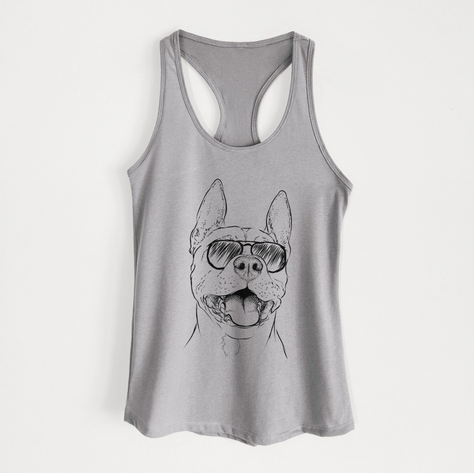 Hand-drawn sketch of Wally the Pitbull wearing aviator sunglasses on a Heather Grey Women's racerback tanktop