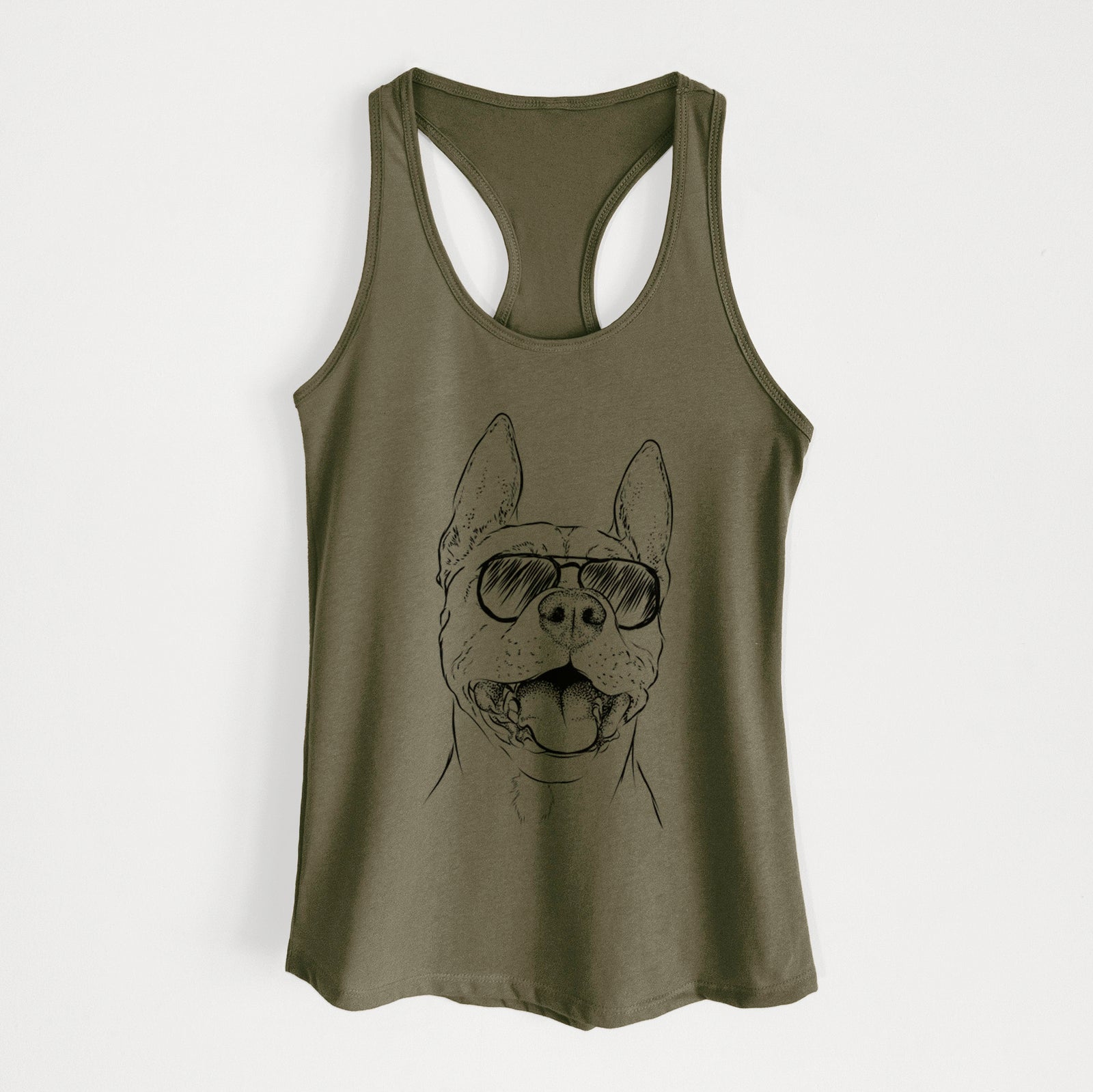 Hand-drawn sketch of Wally the Pitbull wearing aviator sunglasses on a Military Green Women's racerback tanktop