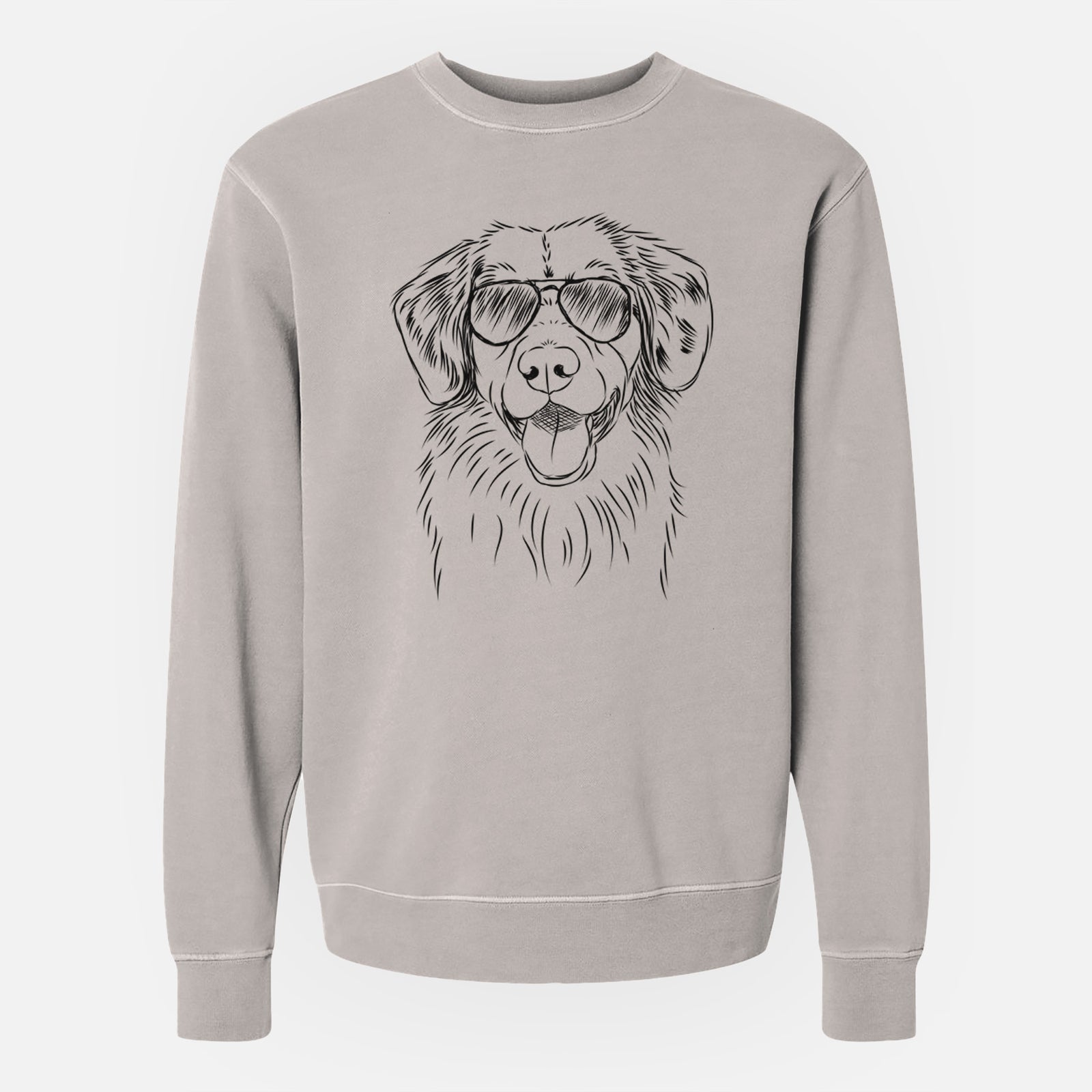 Hand-drawn sketch of Weston the Nova Scotia Duck Tolling Retriever wearing aviator sunglasses on a Cement Unisex pigment dyed crew sweatshirt