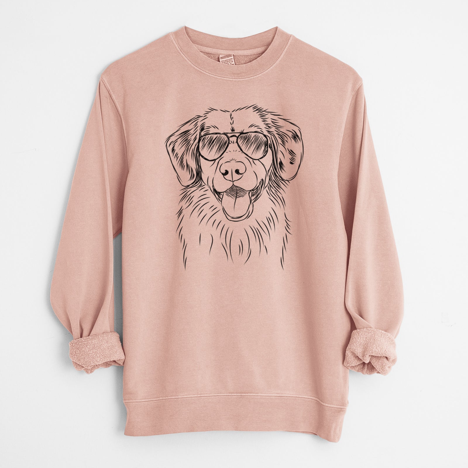 Hand-drawn sketch of Weston the Nova Scotia Duck Tolling Retriever wearing aviator sunglasses on a Dusty Pink Unisex pigment dyed crew sweatshirt