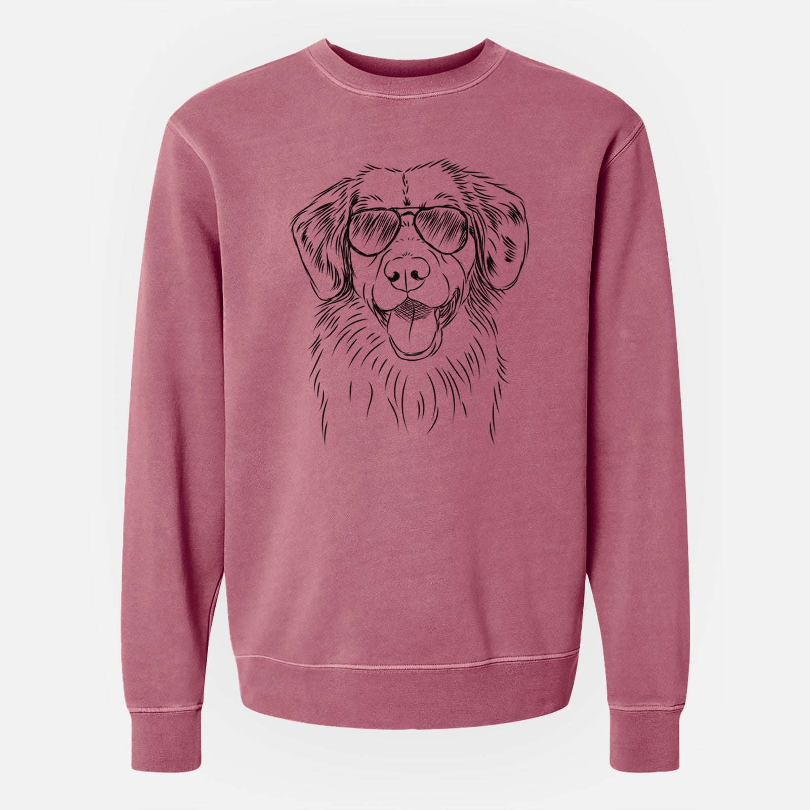 Hand-drawn sketch of Weston the Nova Scotia Duck Tolling Retriever wearing aviator sunglasses on a Maroon Unisex pigment dyed crew sweatshirt