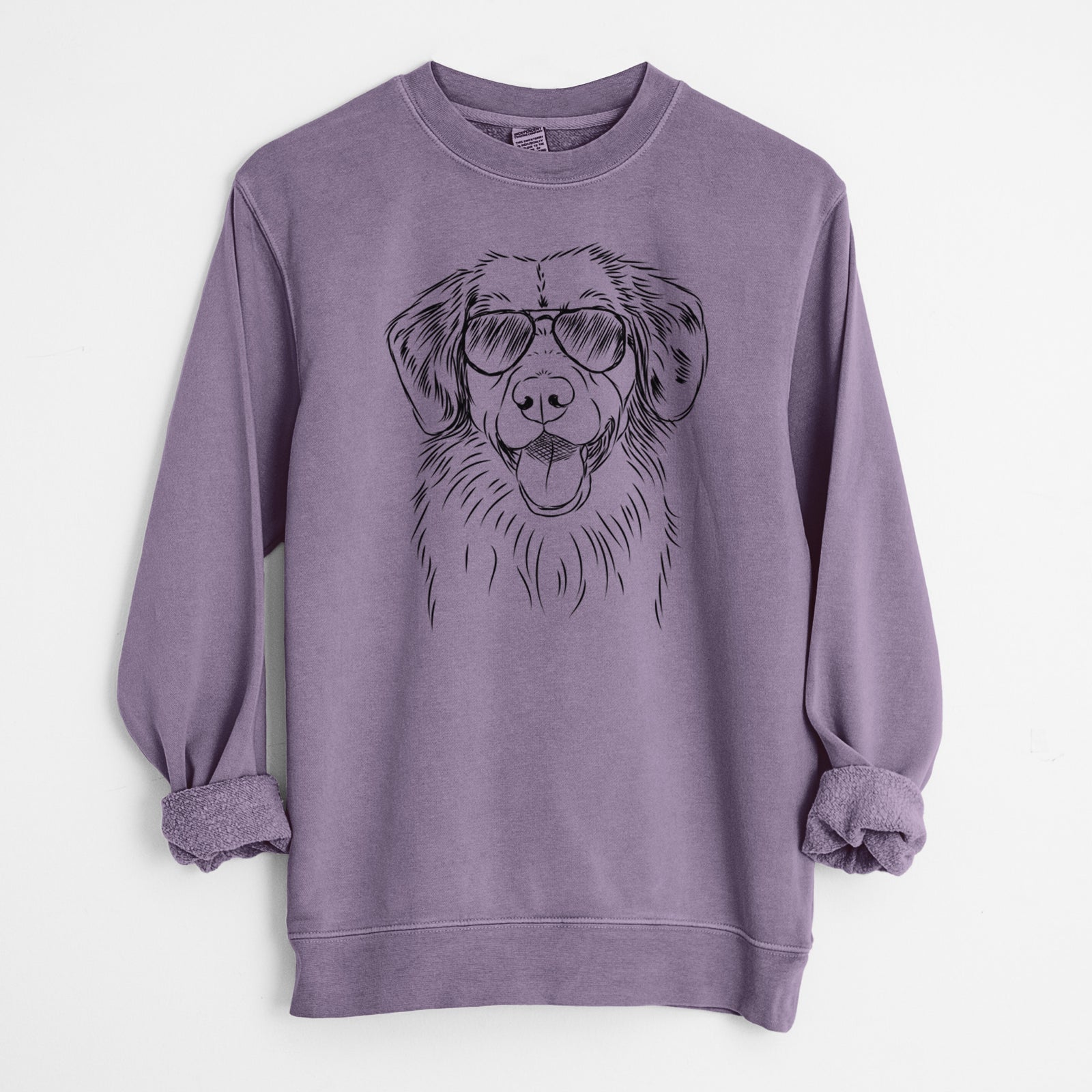 Hand-drawn sketch of Weston the Nova Scotia Duck Tolling Retriever wearing aviator sunglasses on a Plum Unisex pigment dyed crew sweatshirt