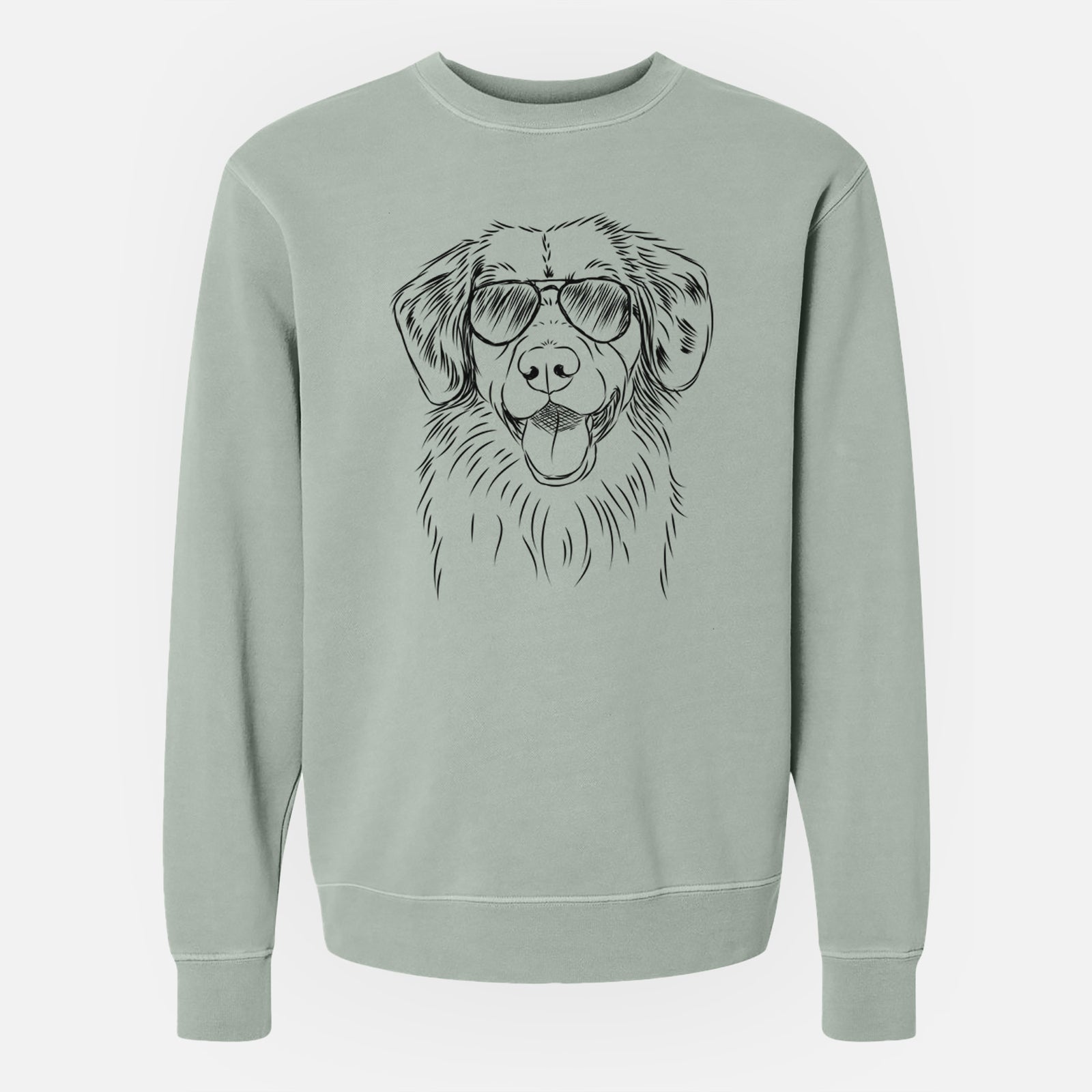 Hand-drawn sketch of Weston the Nova Scotia Duck Tolling Retriever wearing aviator sunglasses on a Sage Unisex pigment dyed crew sweatshirt