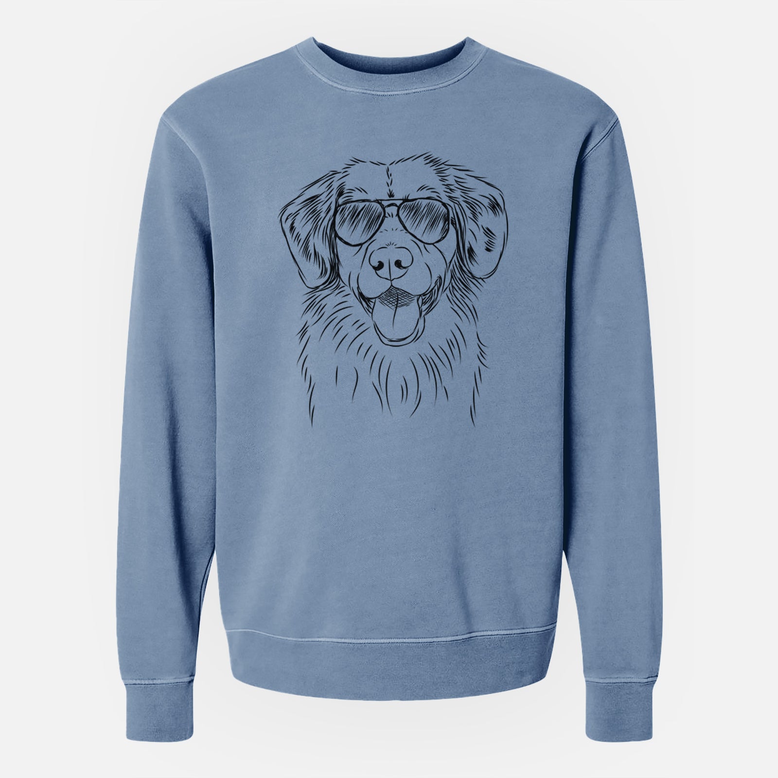Hand-drawn sketch of Weston the Nova Scotia Duck Tolling Retriever wearing aviator sunglasses on a Slate Blue Unisex pigment dyed crew sweatshirt