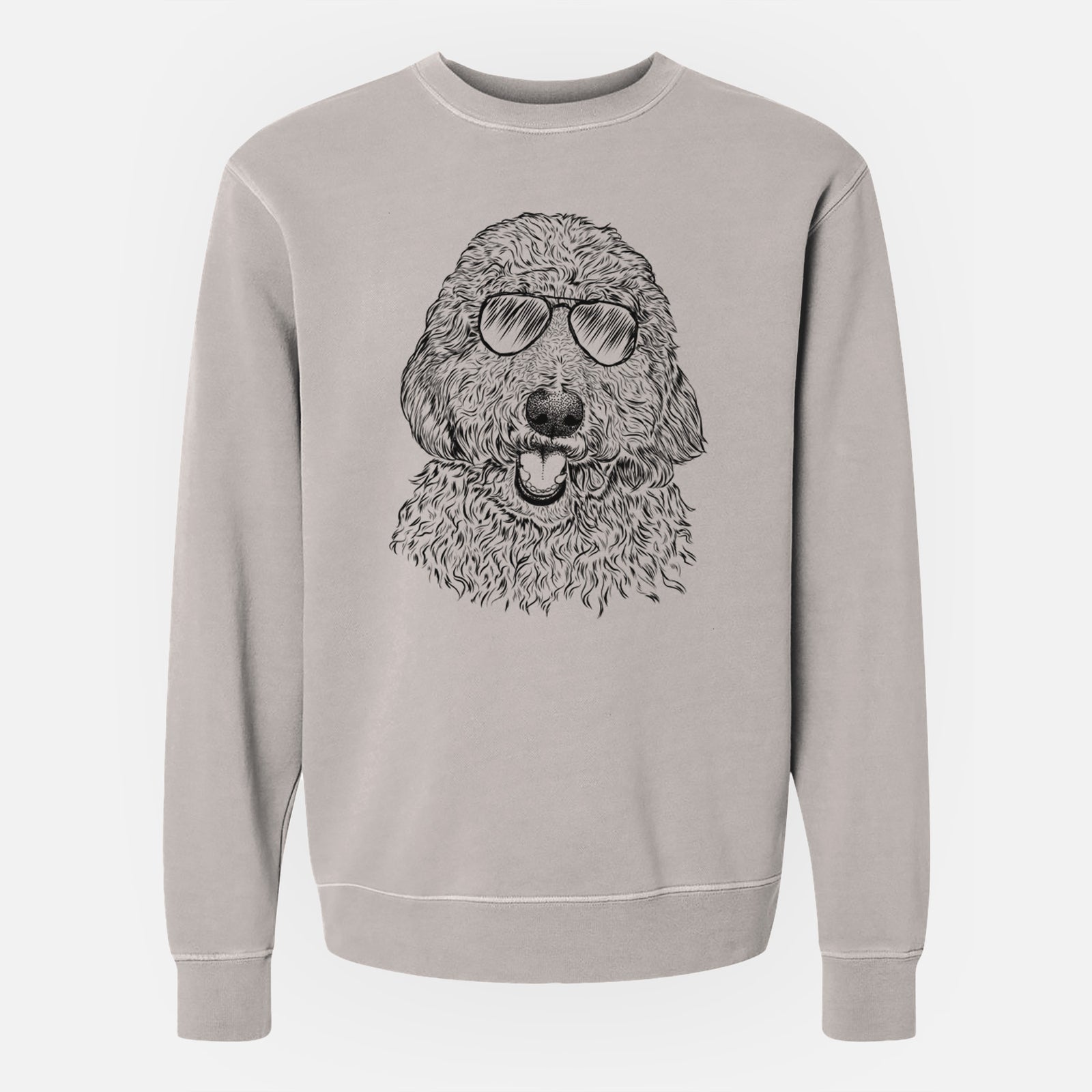 Hand-drawn sketch of Whisper the Goldendoodle wearing aviator sunglasses on a Cement Unisex pigment dyed crew sweatshirt