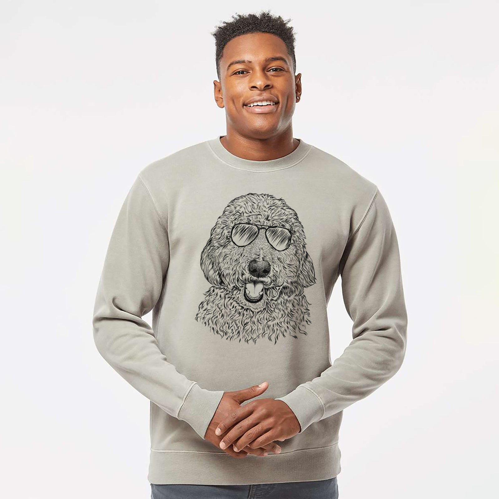 Hand-drawn sketch of Whisper the Goldendoodle wearing aviator sunglasses on a Cement Unisex pigment dyed crew sweatshirt