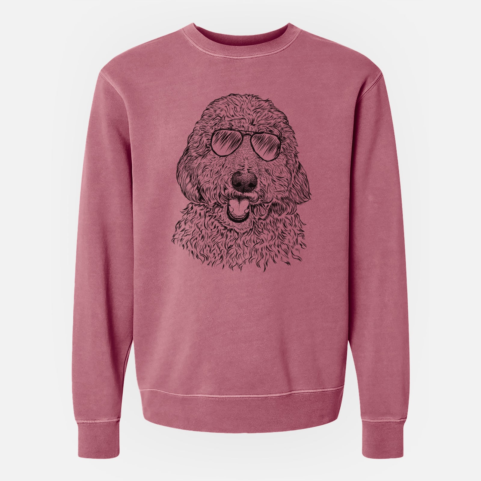 Hand-drawn sketch of Whisper the Goldendoodle wearing aviator sunglasses on a Maroon Unisex pigment dyed crew sweatshirt