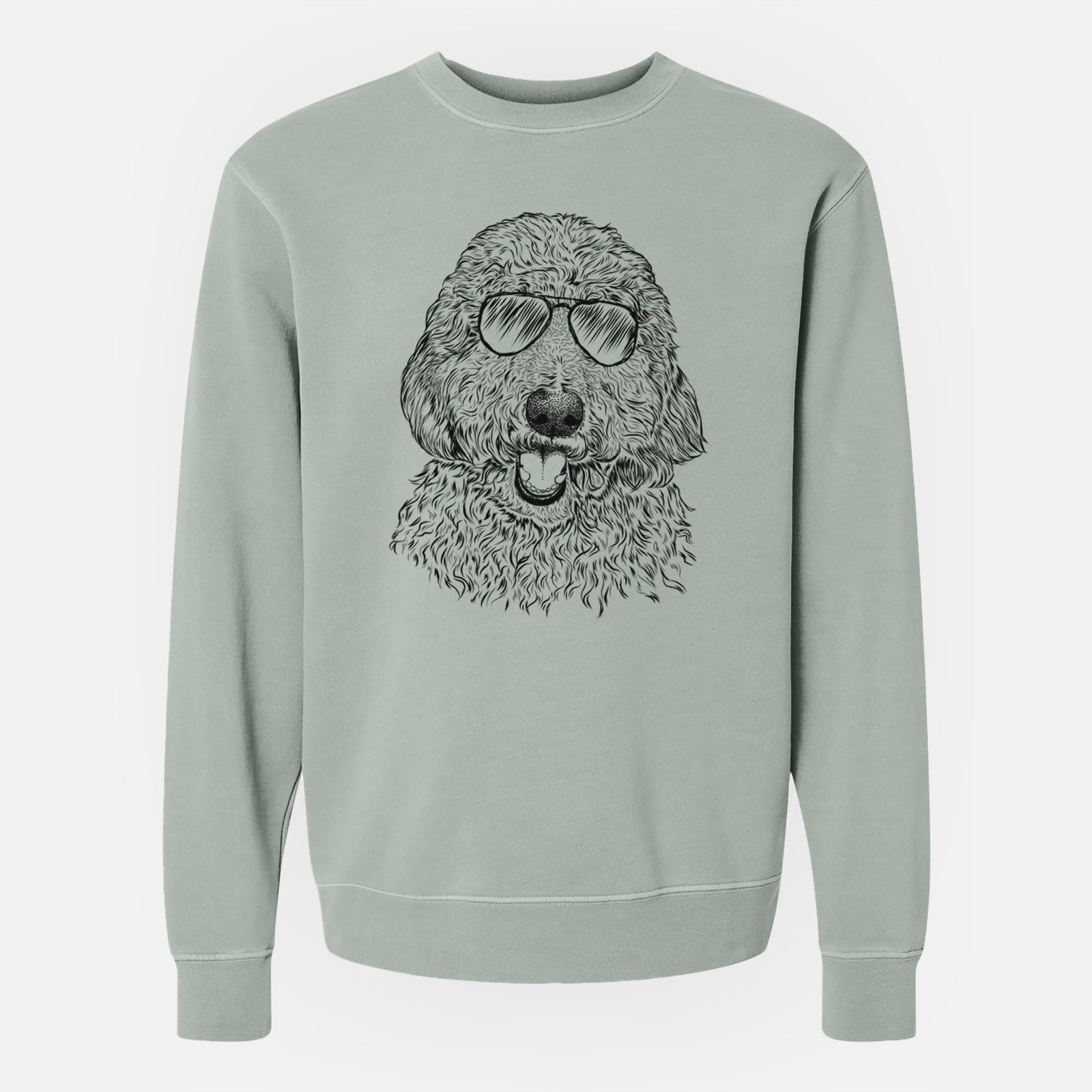 Hand-drawn sketch of Whisper the Goldendoodle wearing aviator sunglasses on a Sage Unisex pigment dyed crew sweatshirt
