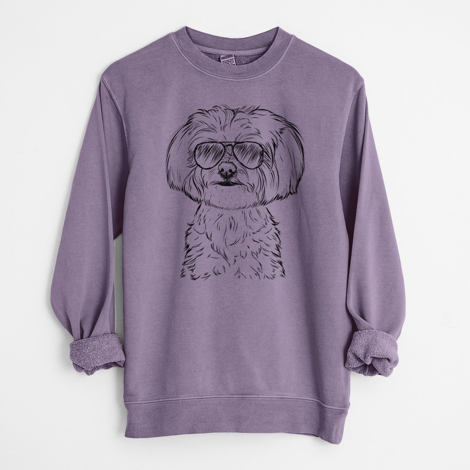 Hand-drawn sketch of Willow the Maltese wearing aviator sunglasses on a Plum Unisex pigment dyed crew sweatshirt