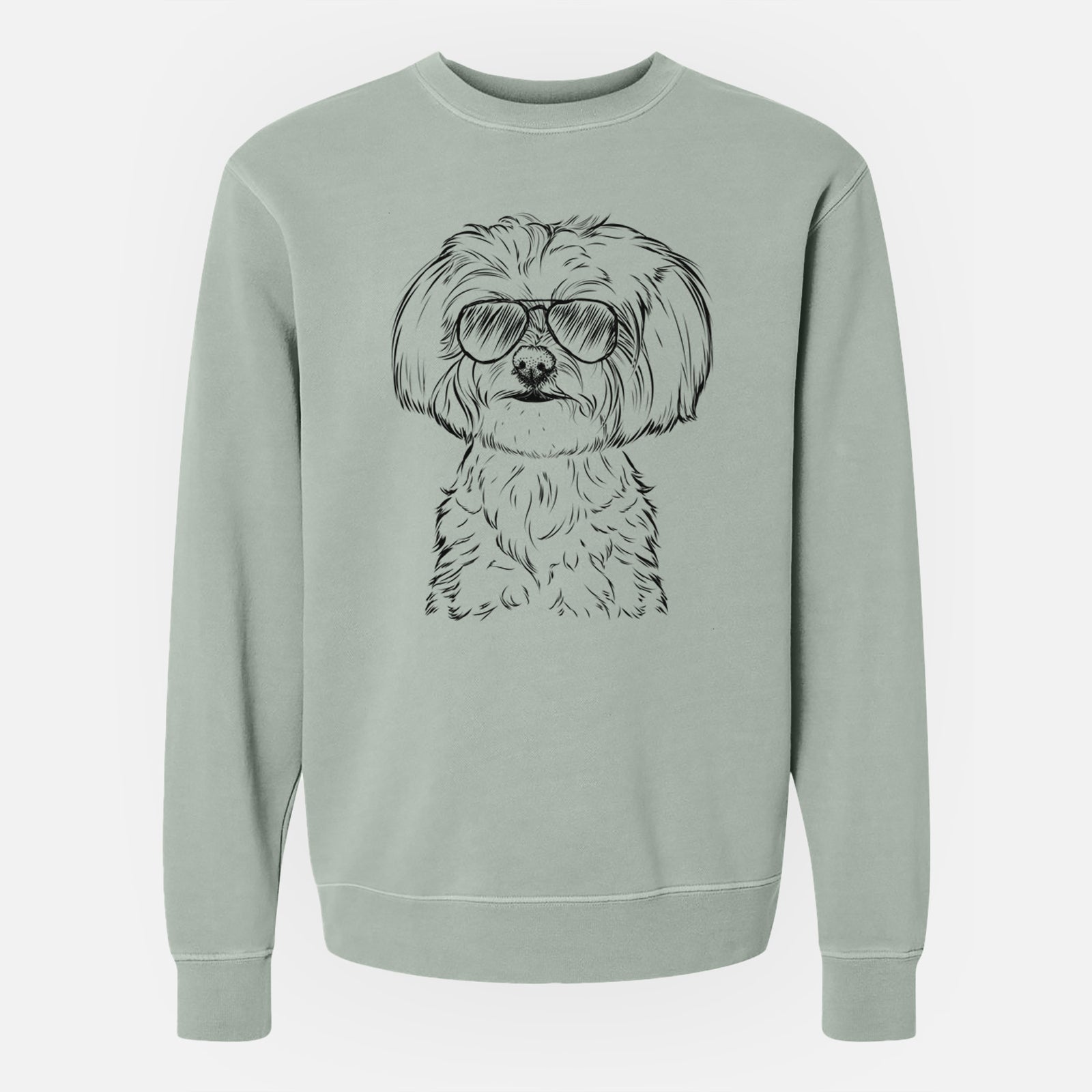 Hand-drawn sketch of Willow the Maltese wearing aviator sunglasses on a Sage Unisex pigment dyed crew sweatshirt