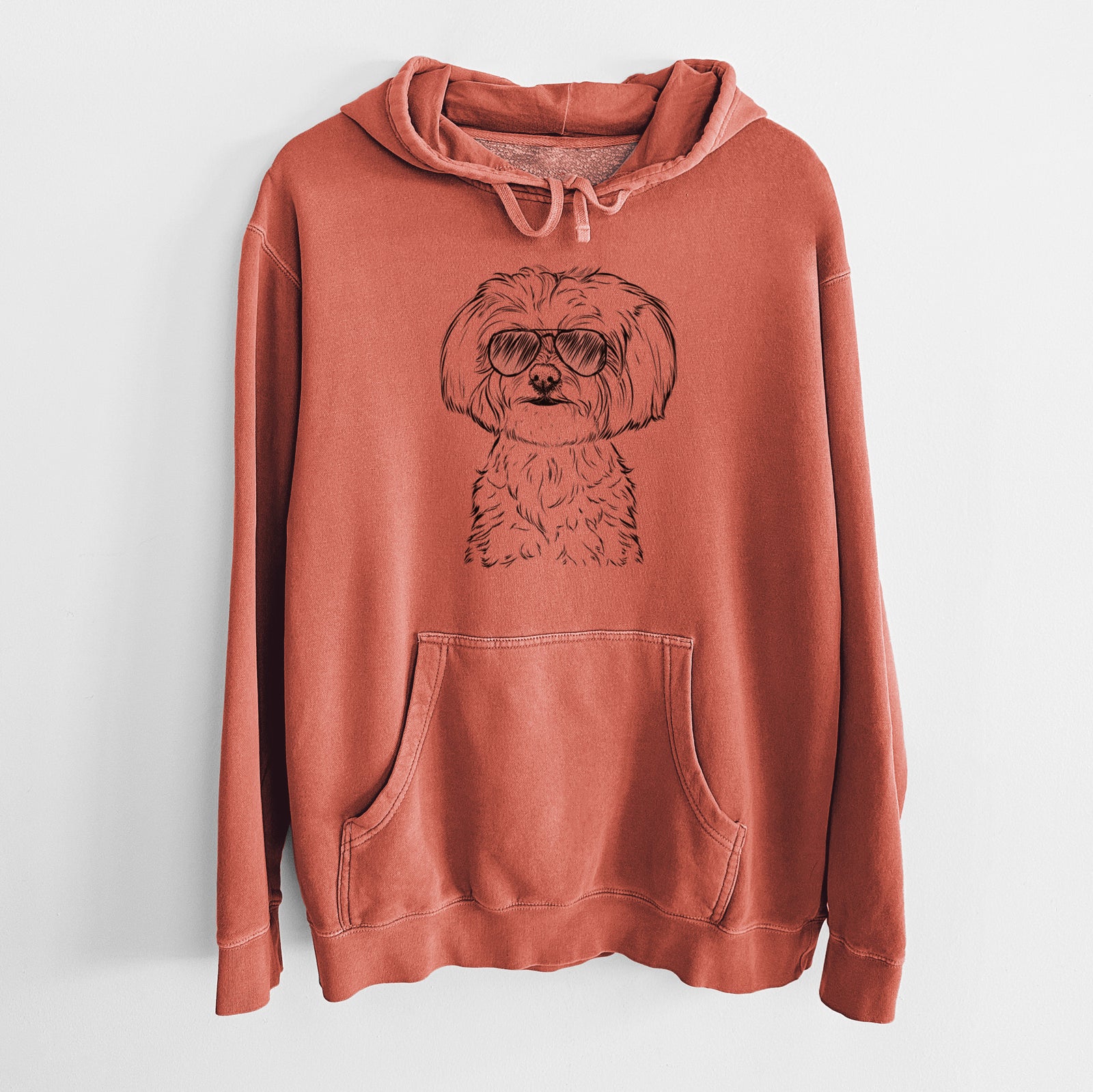 Hand-drawn sketch of Willow the Maltese wearing aviator sunglasses on an Amber Unisex pigment dyed hoodie