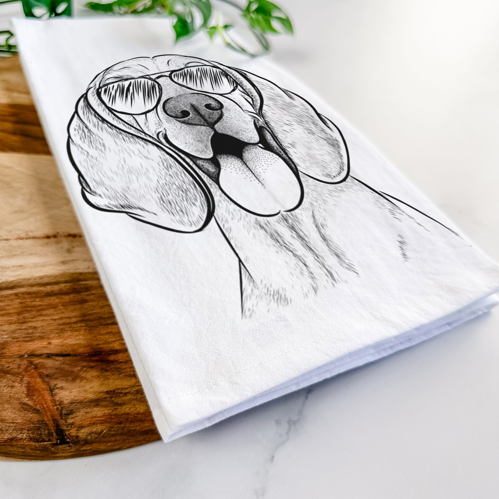 Hand-drawn sketch of Winston the Redbone Coonhound wearing aviator sunglasses on a tea towel