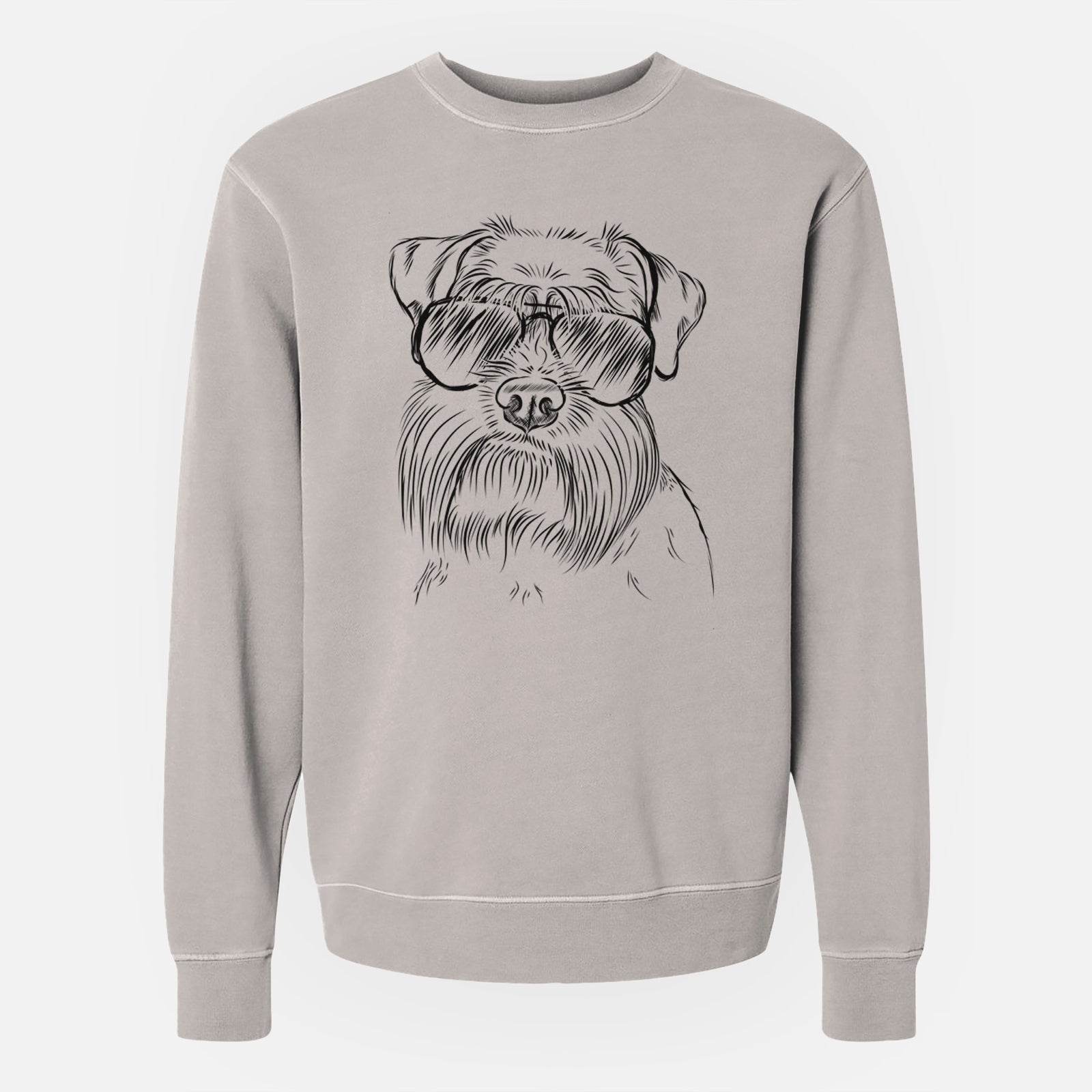 Hand-drawn sketch of Wrigley the Schnauzer wearing aviator sunglasses on a Cement Unisex pigment dyed crew sweatshirt