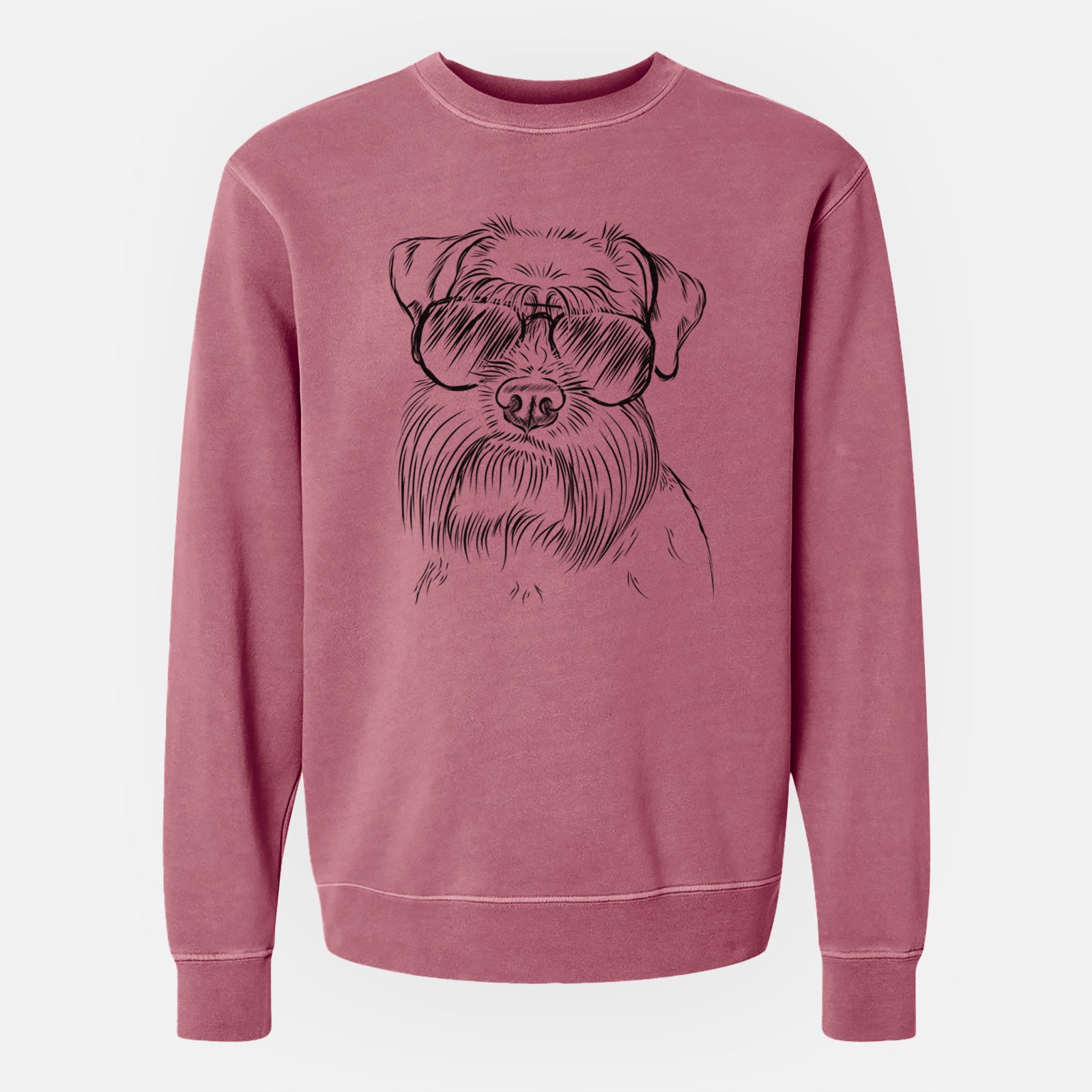 Hand-drawn sketch of Wrigley the Schnauzer wearing aviator sunglasses on a Maroon Unisex pigment dyed crew sweatshirt