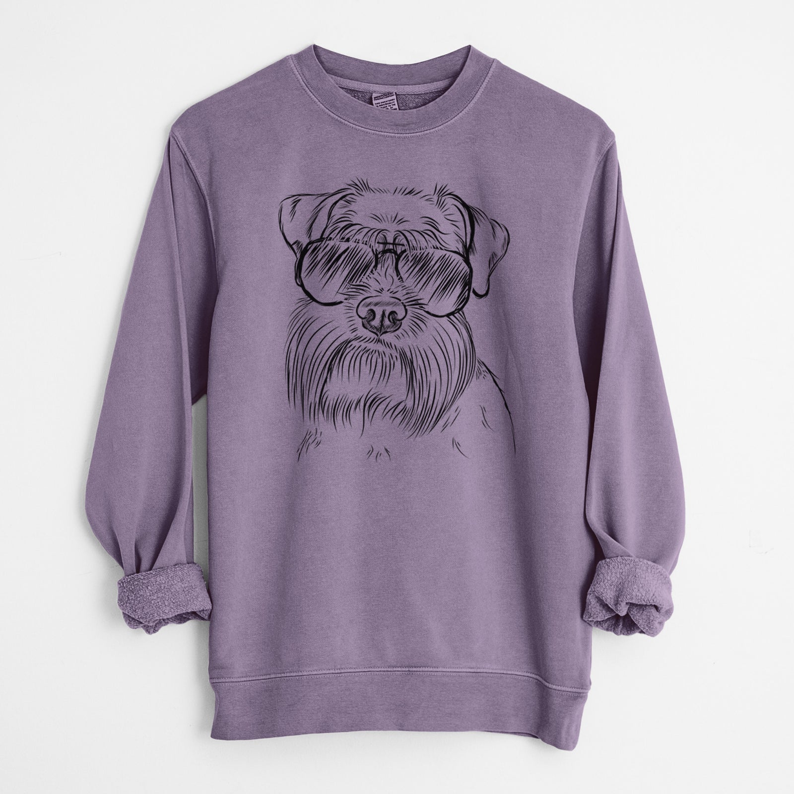 Hand-drawn sketch of Wrigley the Schnauzer wearing aviator sunglasses on a Plum Unisex pigment dyed crew sweatshirt