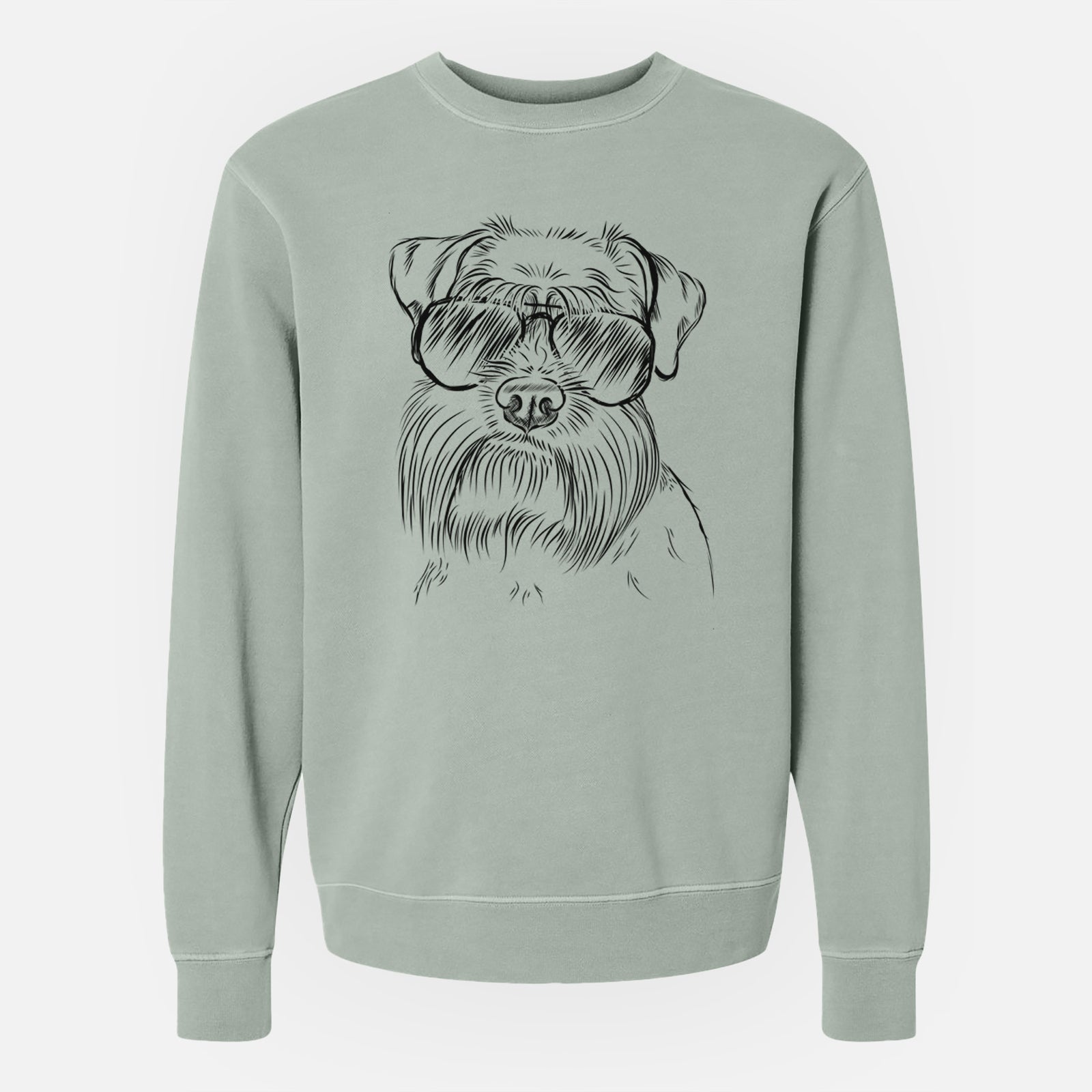 Hand-drawn sketch of Wrigley the Schnauzer wearing aviator sunglasses on a Sage Unisex pigment dyed crew sweatshirt