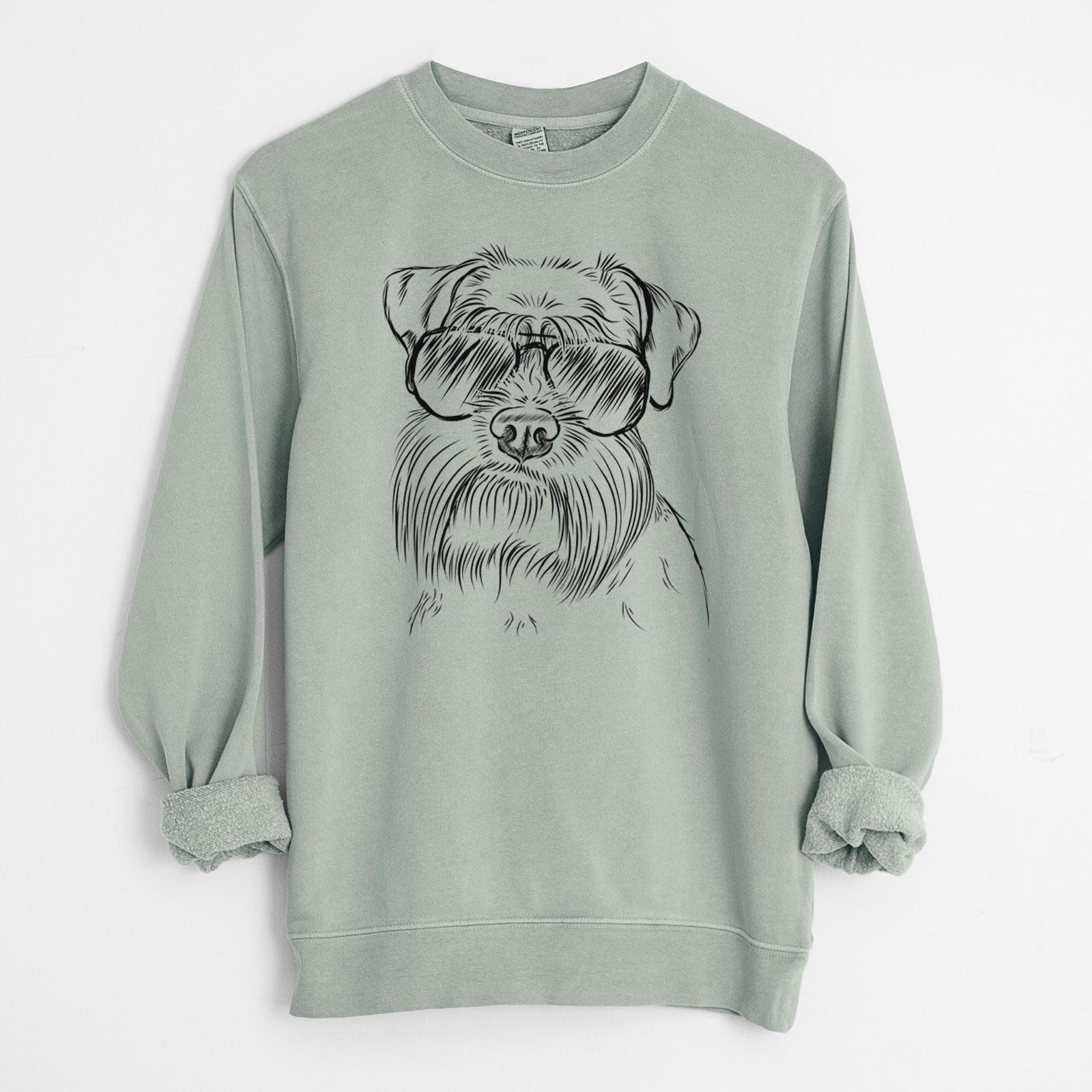 Hand-drawn sketch of Wrigley the Schnauzer wearing aviator sunglasses on a Sage Unisex pigment dyed crew sweatshirt