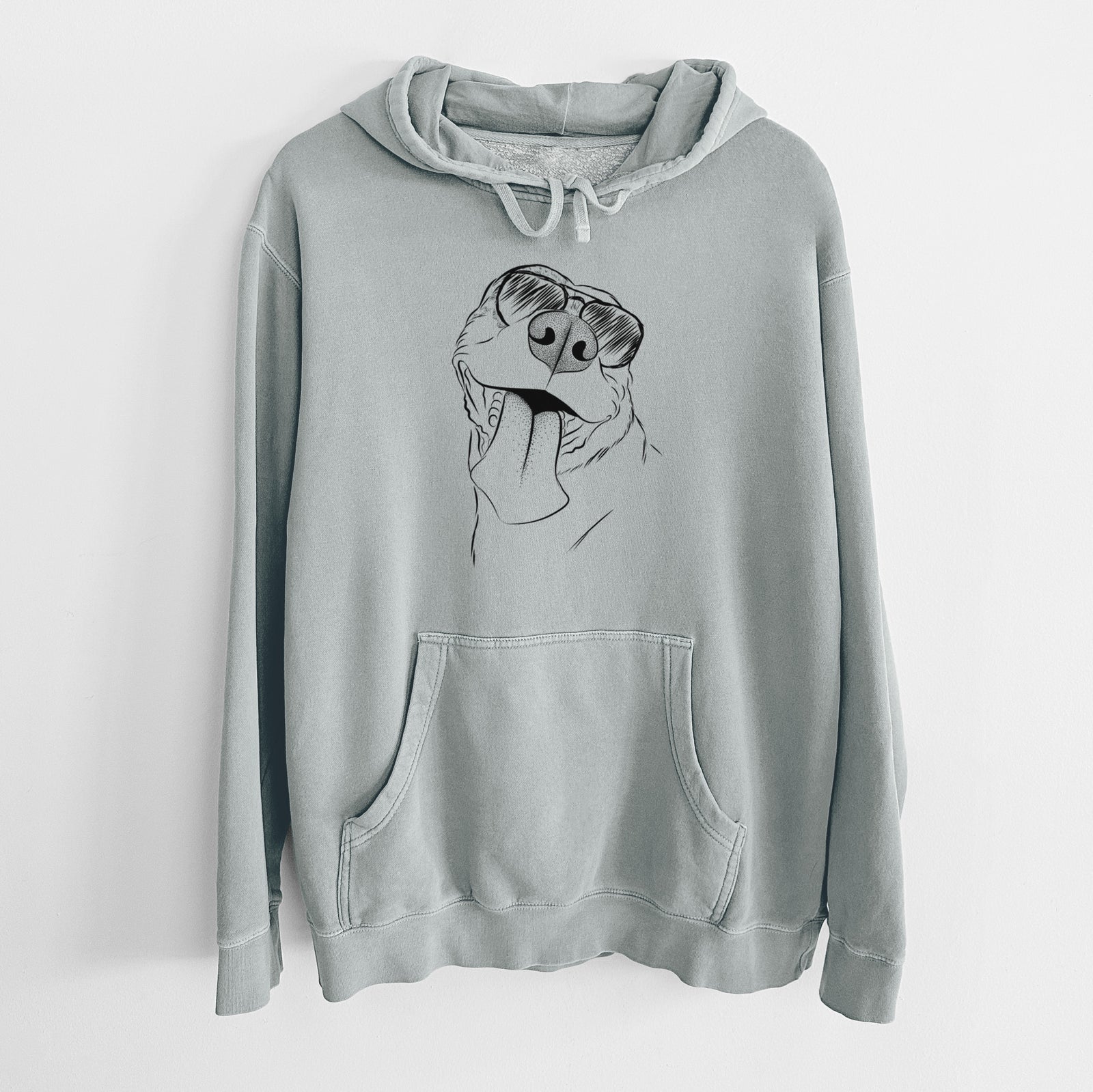 Hand-drawn sketch of Xena the American Staffordshire Terrier wearing aviator sunglasses on a Sage Unisex pigment dyed hoodie