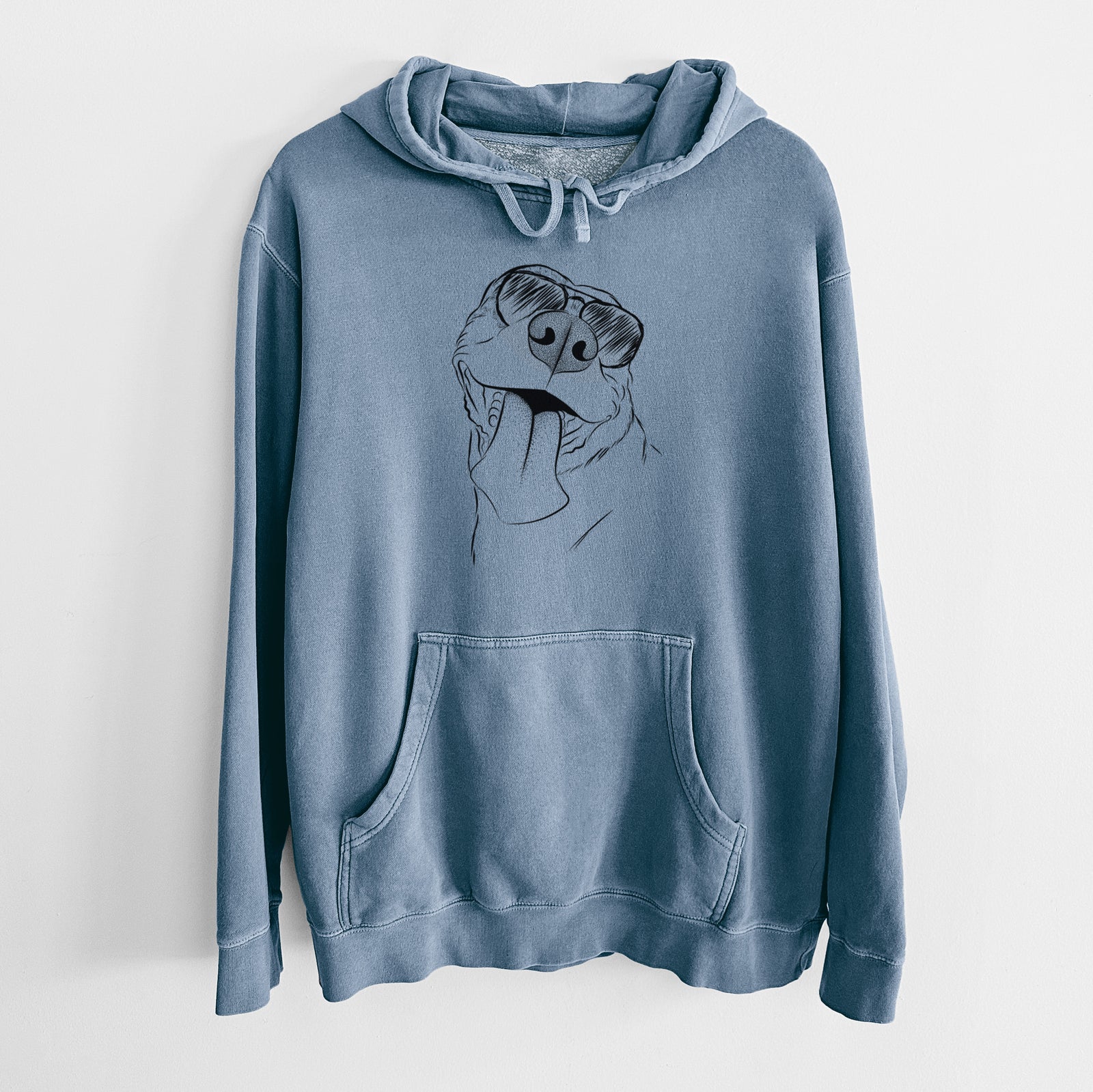 Hand-drawn sketch of Xena the American Staffordshire Terrier wearing aviator sunglasses on a Slate Blue Unisex pigment dyed hoodie