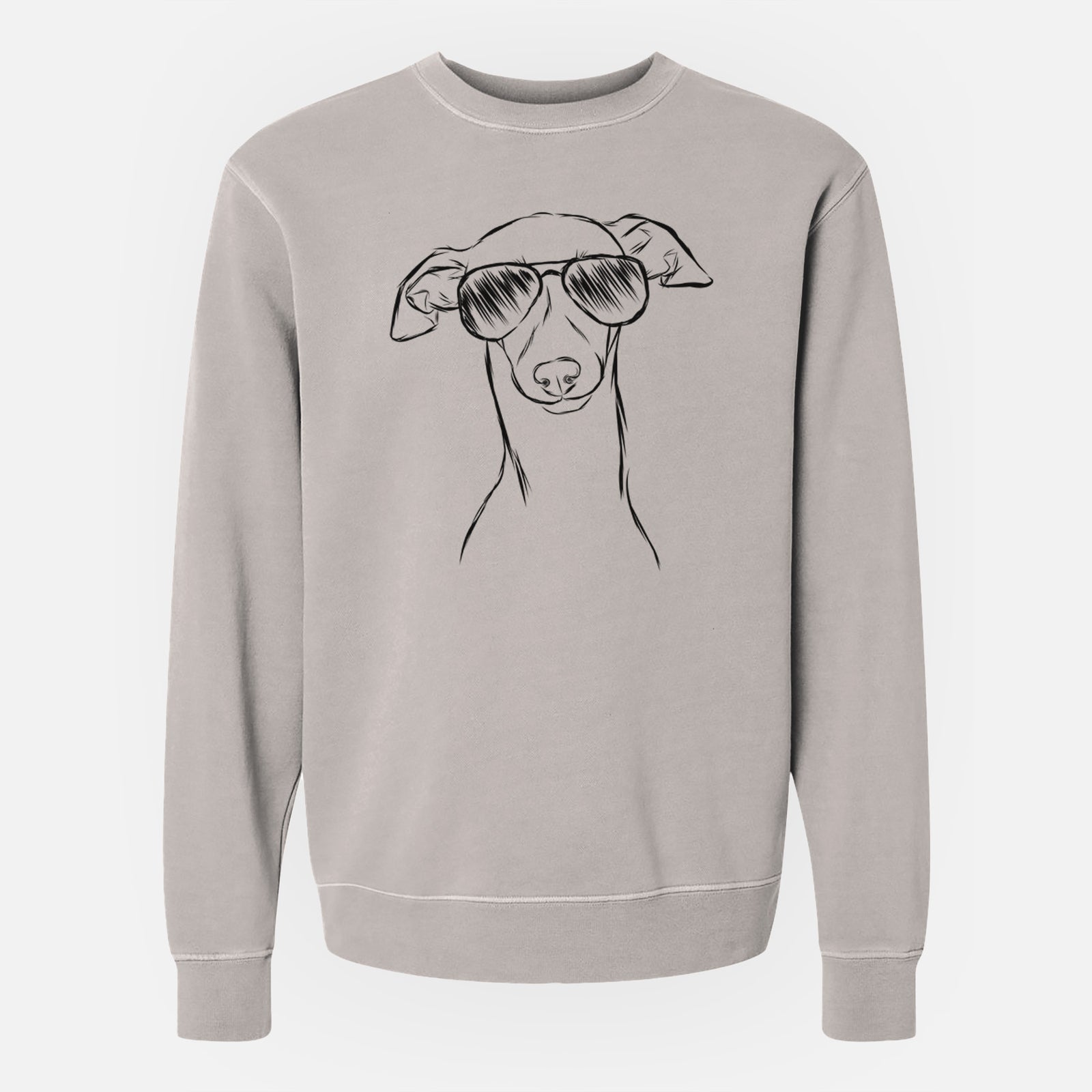 Hand-drawn sketch of Ziggie the Italian Greyhound wearing aviator sunglasses on a Cement Unisex pigment dyed crew sweatshirt
